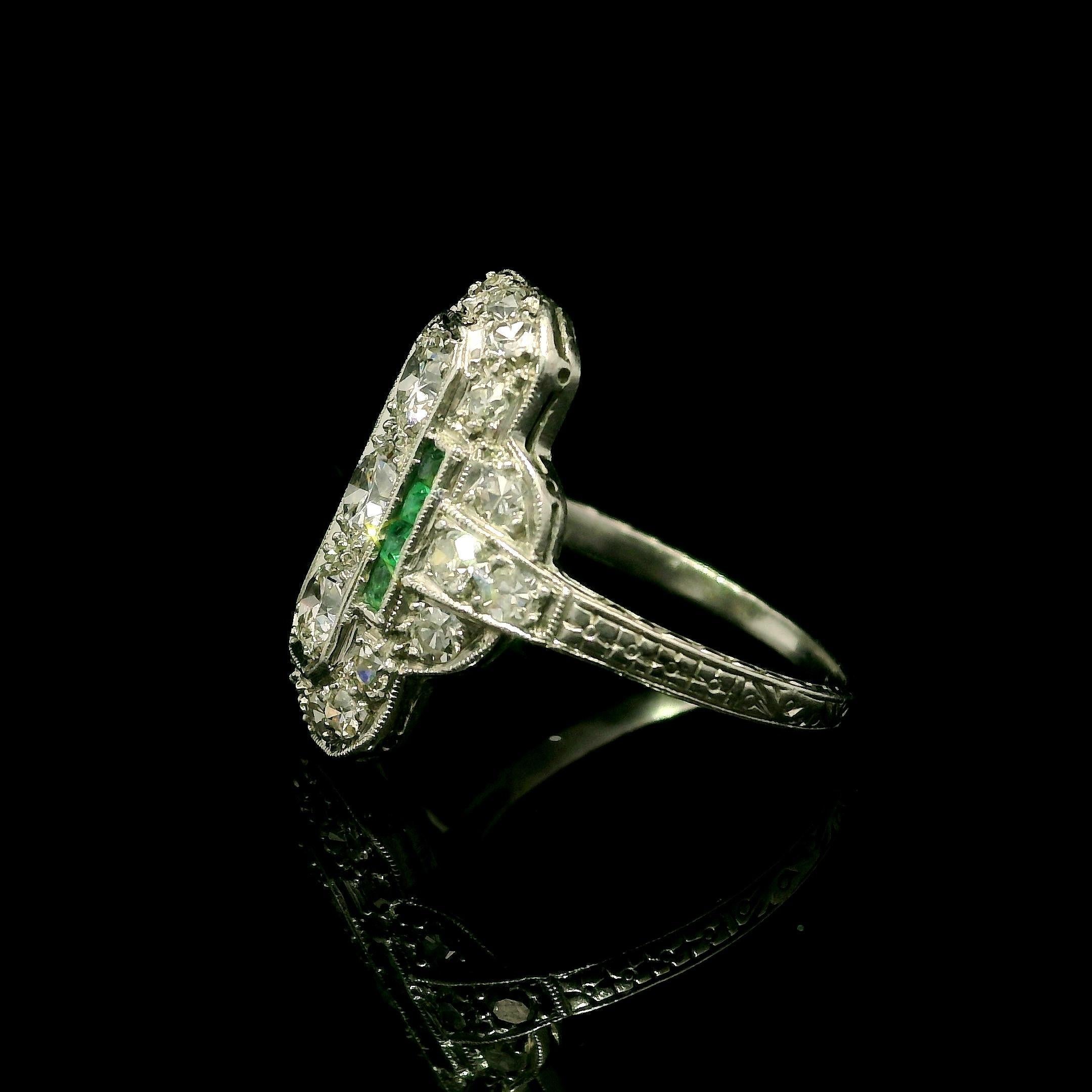 –Stone(s)–
(3) Natural Genuine Diamond - Old European Cut - Pave Set - Nice Brilliant White Color - 0.60ctw (approx.)
(20) Natural Genuine Diamond - Old Single Cut - Pave Set - Nice Brilliant White Color - 0.40ctw (approx.)
(8) Synthetic Emeralds -