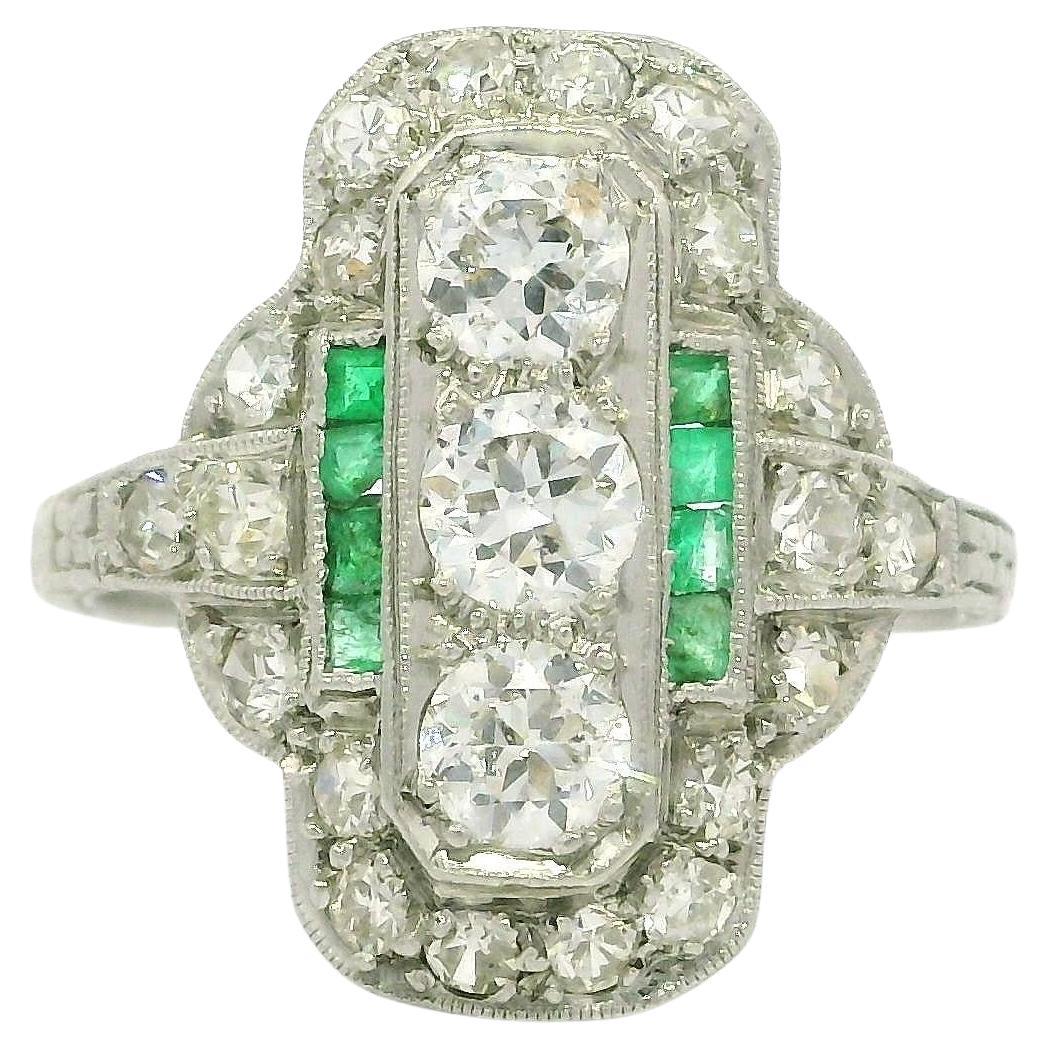 Antique Art Deco Platinum 1ctw Old Cut Diamond & Emerald Dinner Ring