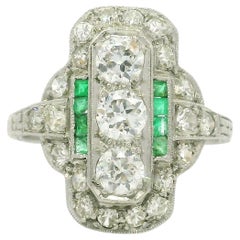 Antique Art Deco Platinum 1ctw Old Cut Diamond & Emerald Dinner Ring