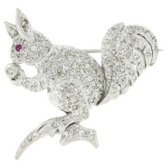 Antique Art Deco Platinum 2.02ctw Diamond & Ruby w/ Milgrain Squirrel Pin Brooch