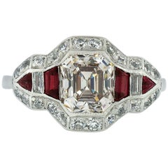 Antique Art Deco Platinum 2.02ctw GIA Emerald Cut Diamond Ring w/ Calibre Rubies