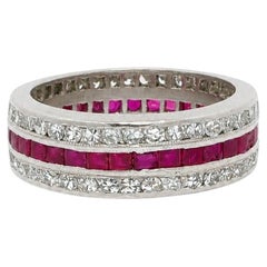 Antique Art Deco Platinum 2.15ctw Diamond & Ruby 3 Row Eternity Band Ring sz 4.5