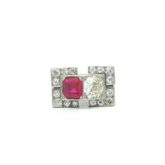 Antique Art Deco Platinum 2.19ctw Old European Diamond & Ruby Geometric Ring