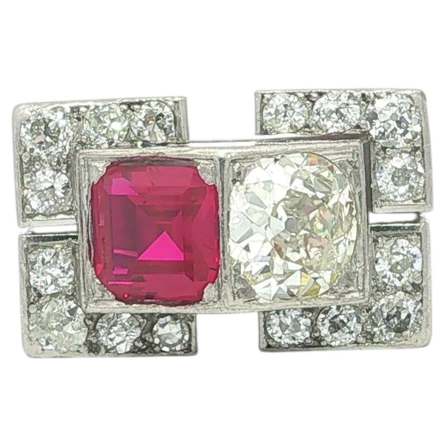 Antique Art Deco Platinum 2.19ctw Old European Diamond & Ruby Geometric Ring