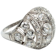 Antique Art Deco Platinum 2.20 Carat Diamond and Beaded Dome Ring