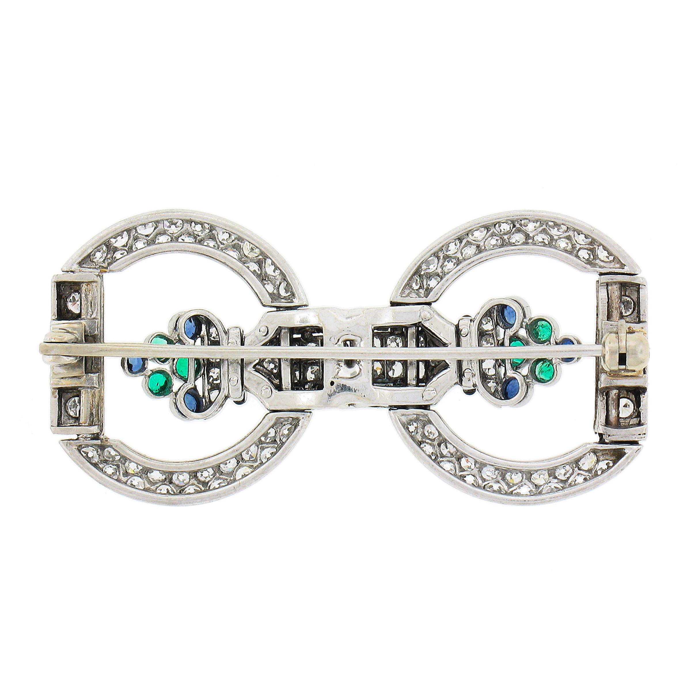 Old European Cut Antique Art Deco Platinum 2.25ctw Diamond Emerald Sapphire Floral Pin Brooch For Sale