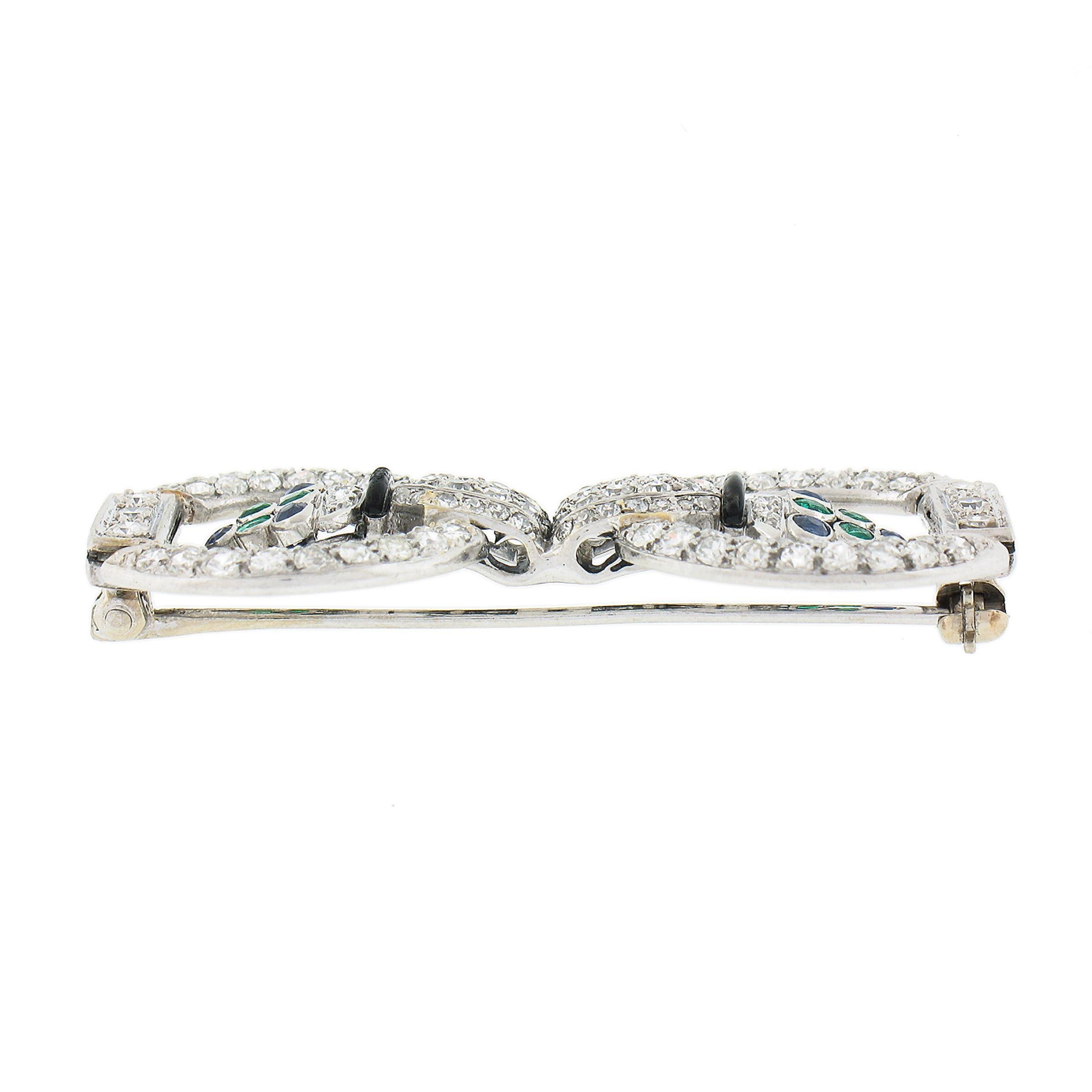 Women's or Men's Antique Art Deco Platinum 2.25ctw Diamond Emerald Sapphire Floral Pin Brooch For Sale