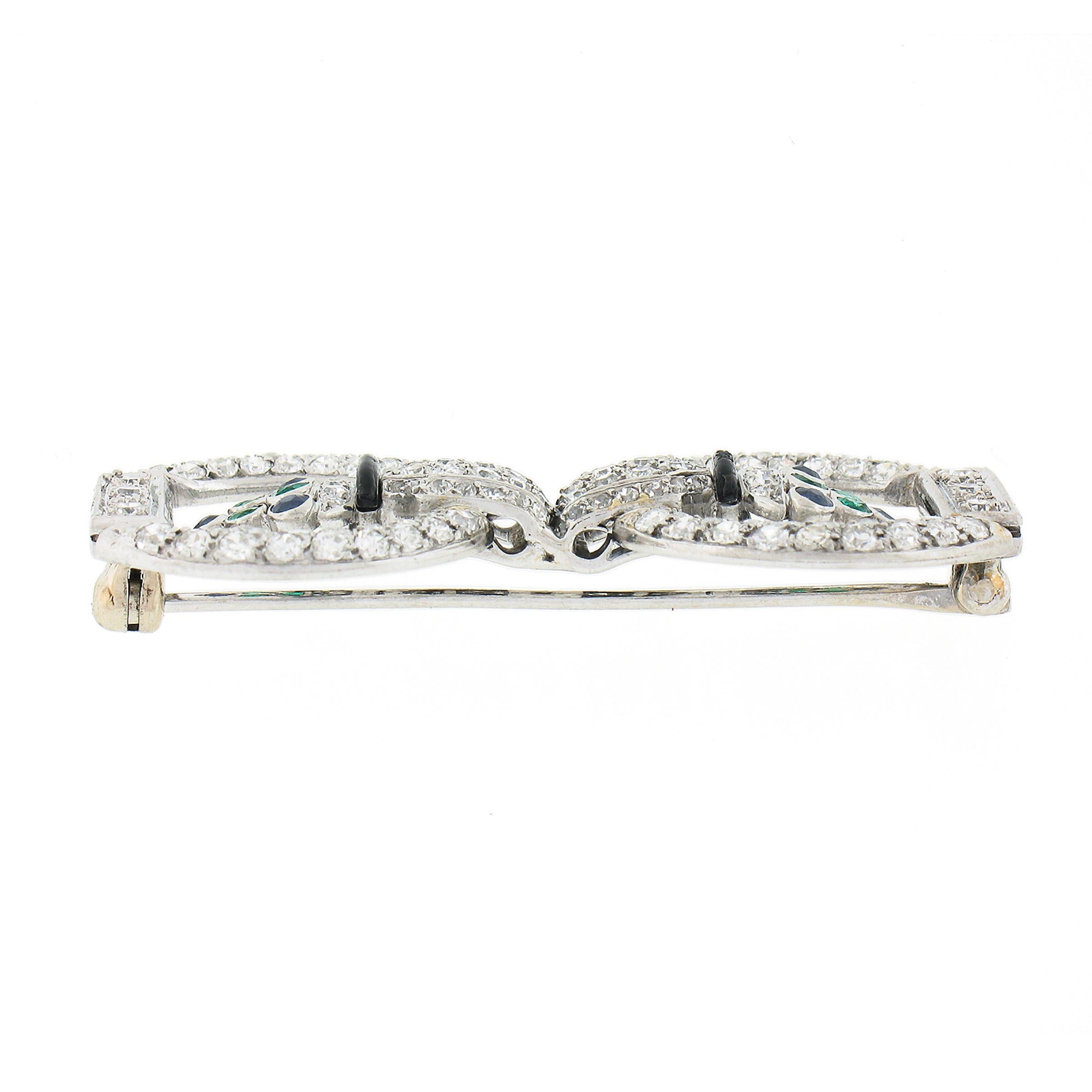 Antique Art Deco Platinum 2.25ctw Diamond Emerald Sapphire Floral Pin Brooch For Sale 1