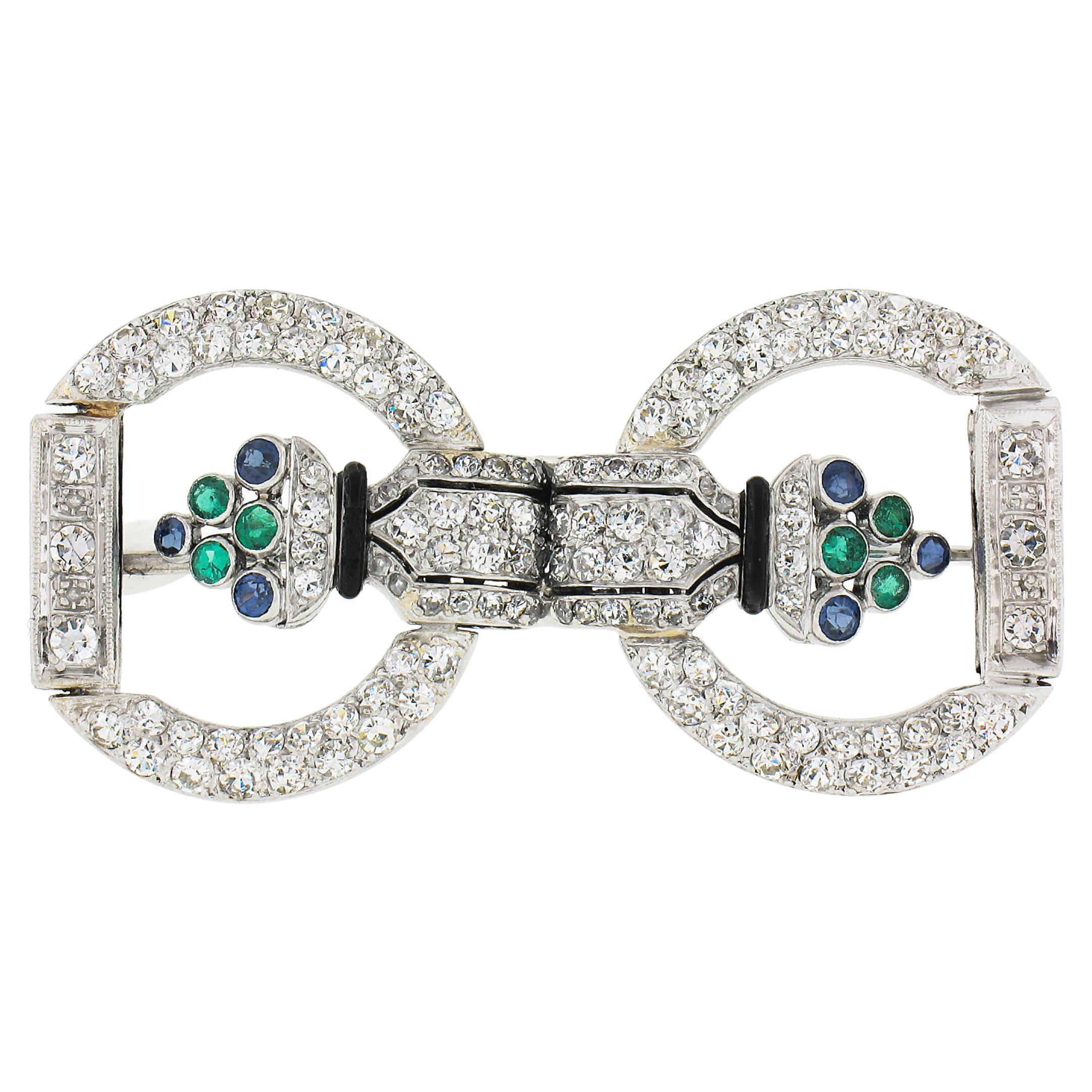 Antique Art Deco Platinum 2.25ctw Diamond Emerald Sapphire Floral Pin Brooch For Sale