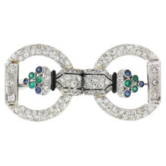 Retro Art Deco Platinum 2.25ctw Diamond Emerald Sapphire Floral Pin Brooch