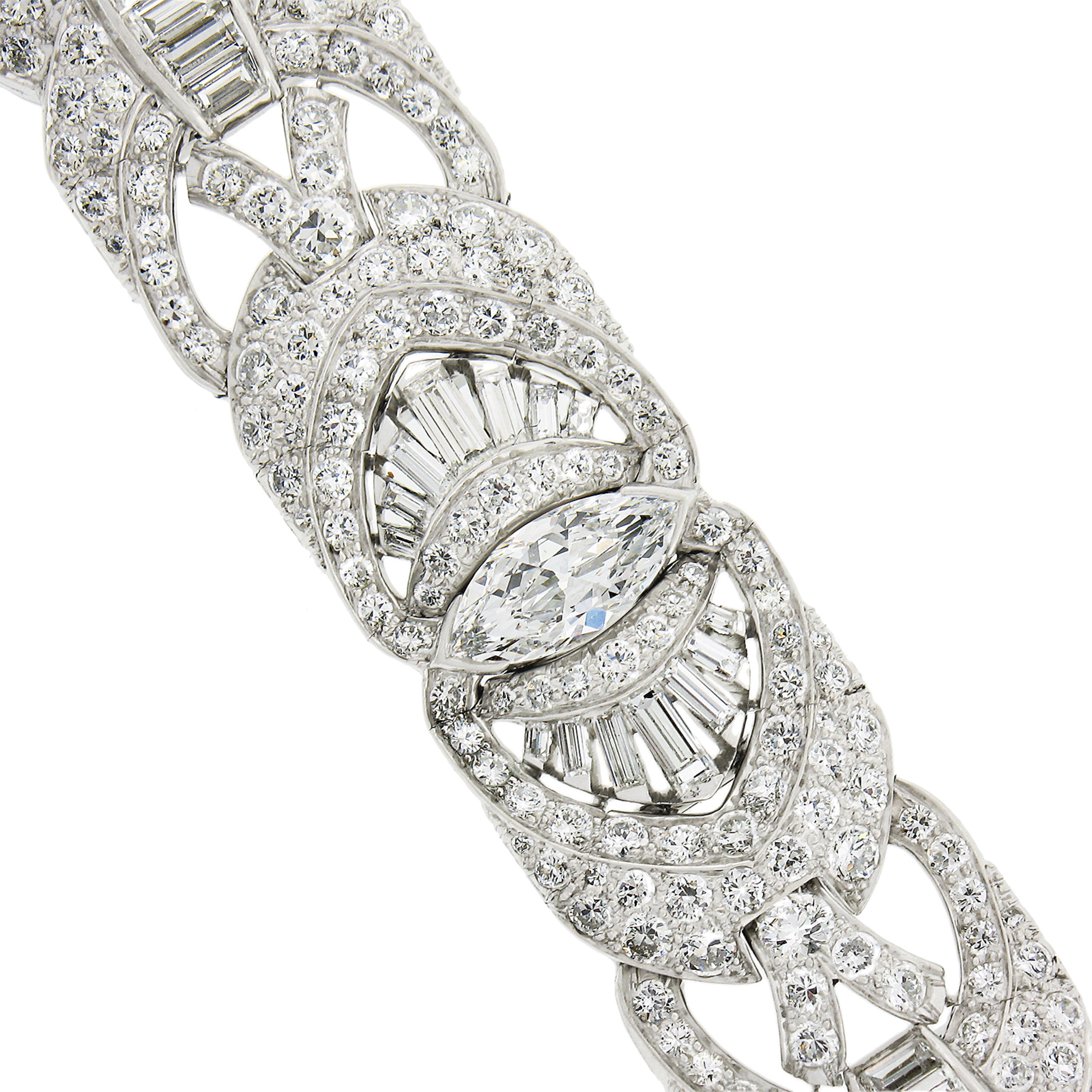 Women's or Men's Antique Art Deco Platinum 24.0ctw Old Marquise & European Diamond Wide Bracelet