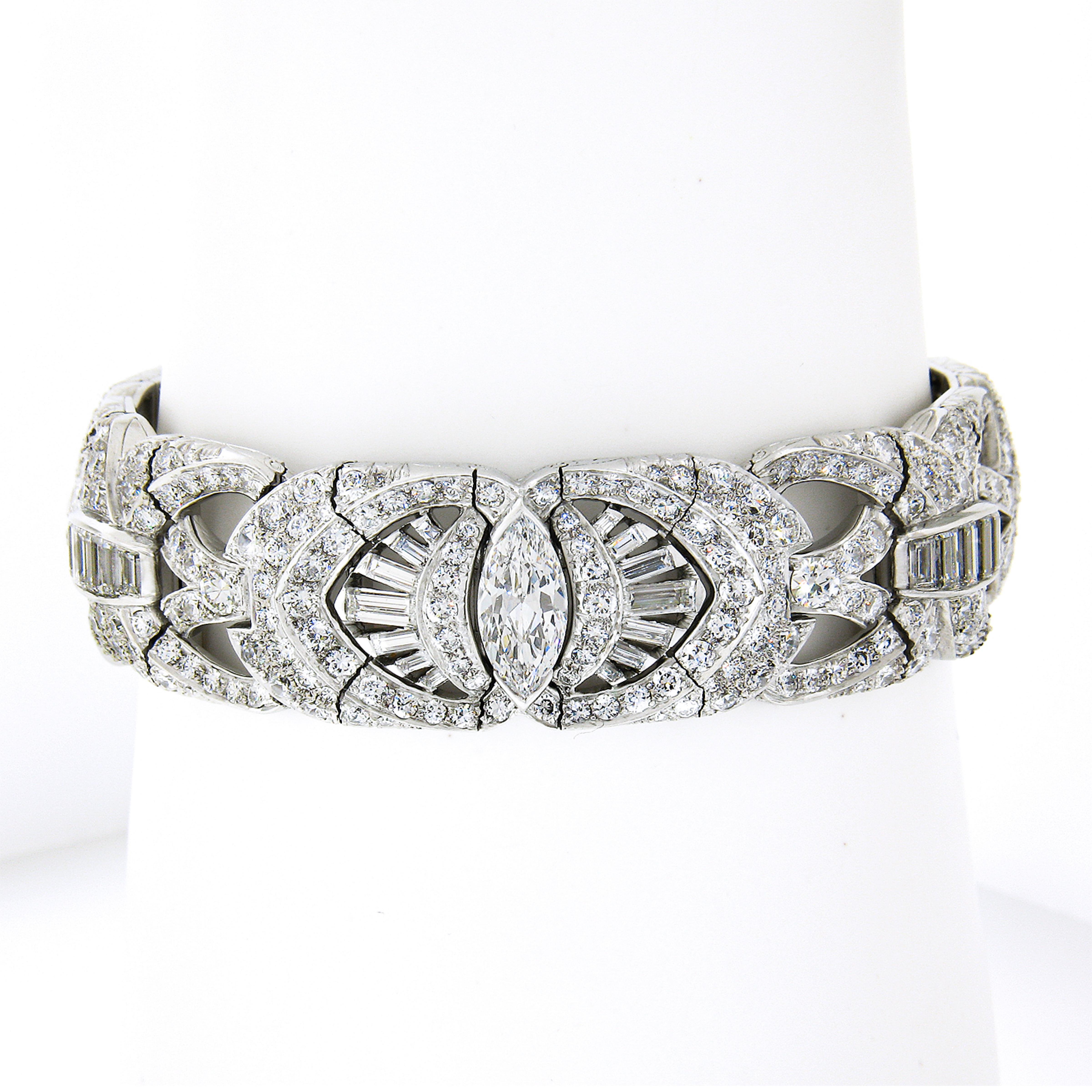 Antique Art Deco Platinum 24.0ctw Old Marquise & European Diamond Wide Bracelet 3