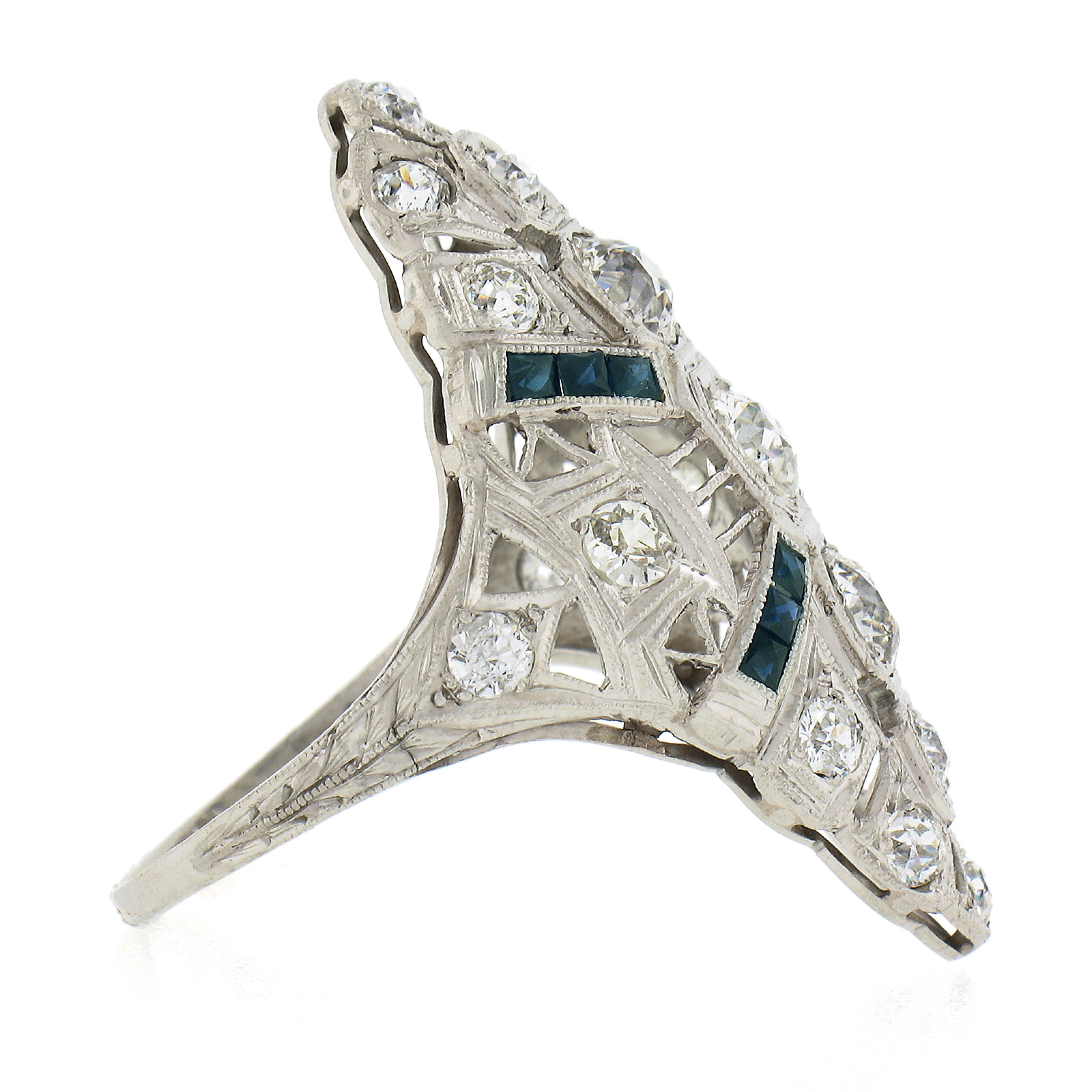 Old European Cut Antique Art Deco Platinum 2.50ctw Diamond & Sapphire Filigree Long Dinner Ring