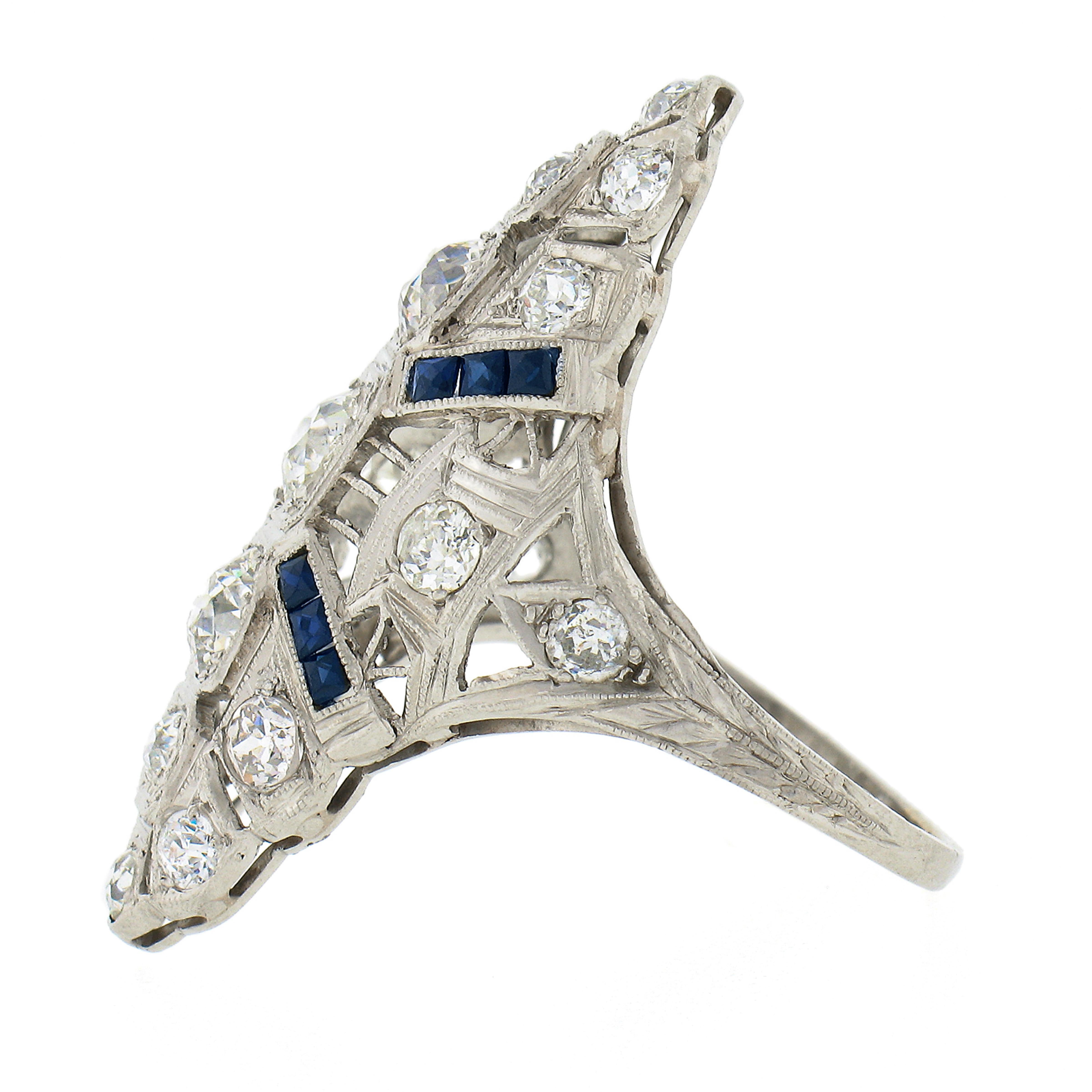 Antique Art Deco Platinum 2.50ctw Diamond & Sapphire Filigree Long Dinner Ring In Good Condition In Montclair, NJ