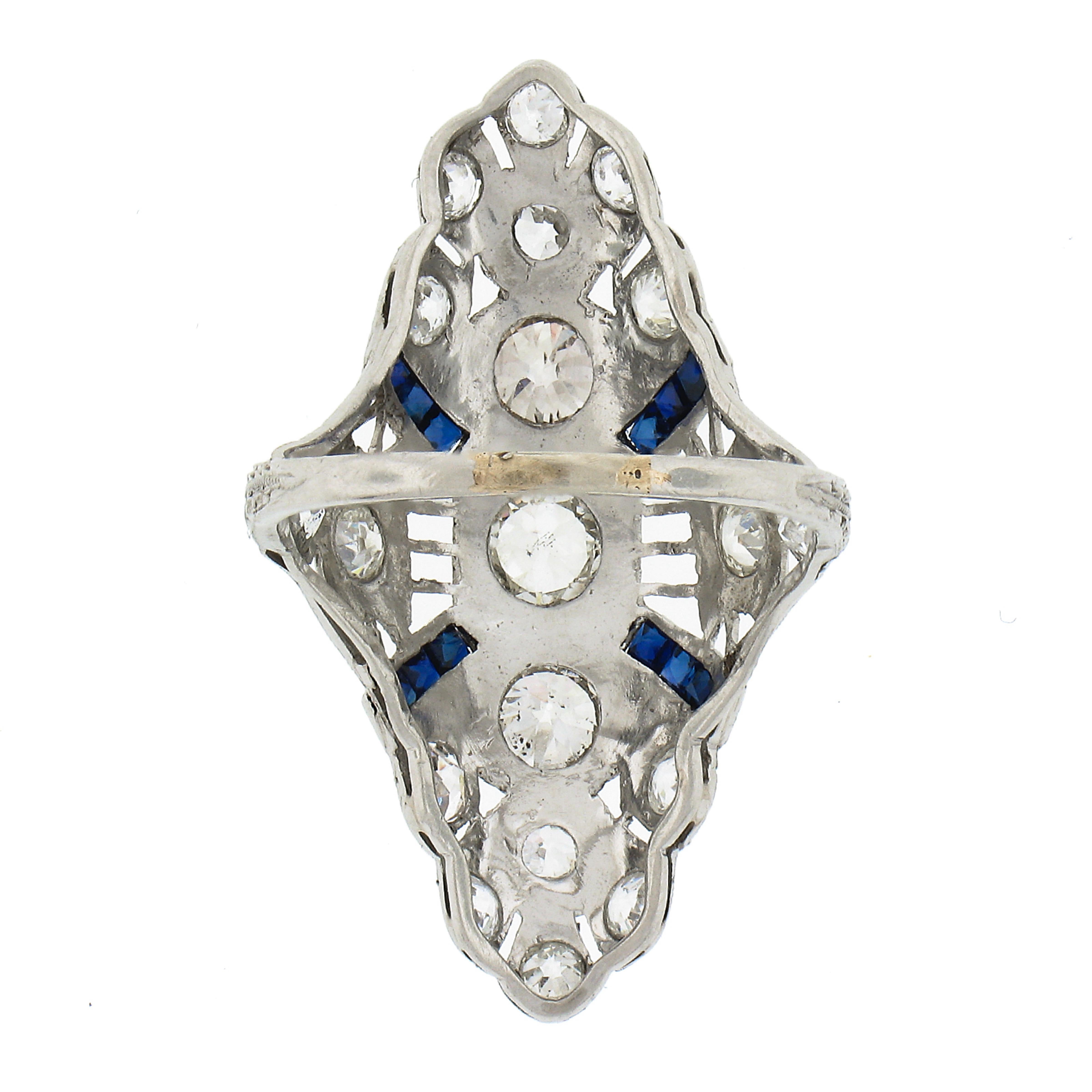 Women's Antique Art Deco Platinum 2.50ctw Diamond & Sapphire Filigree Long Dinner Ring