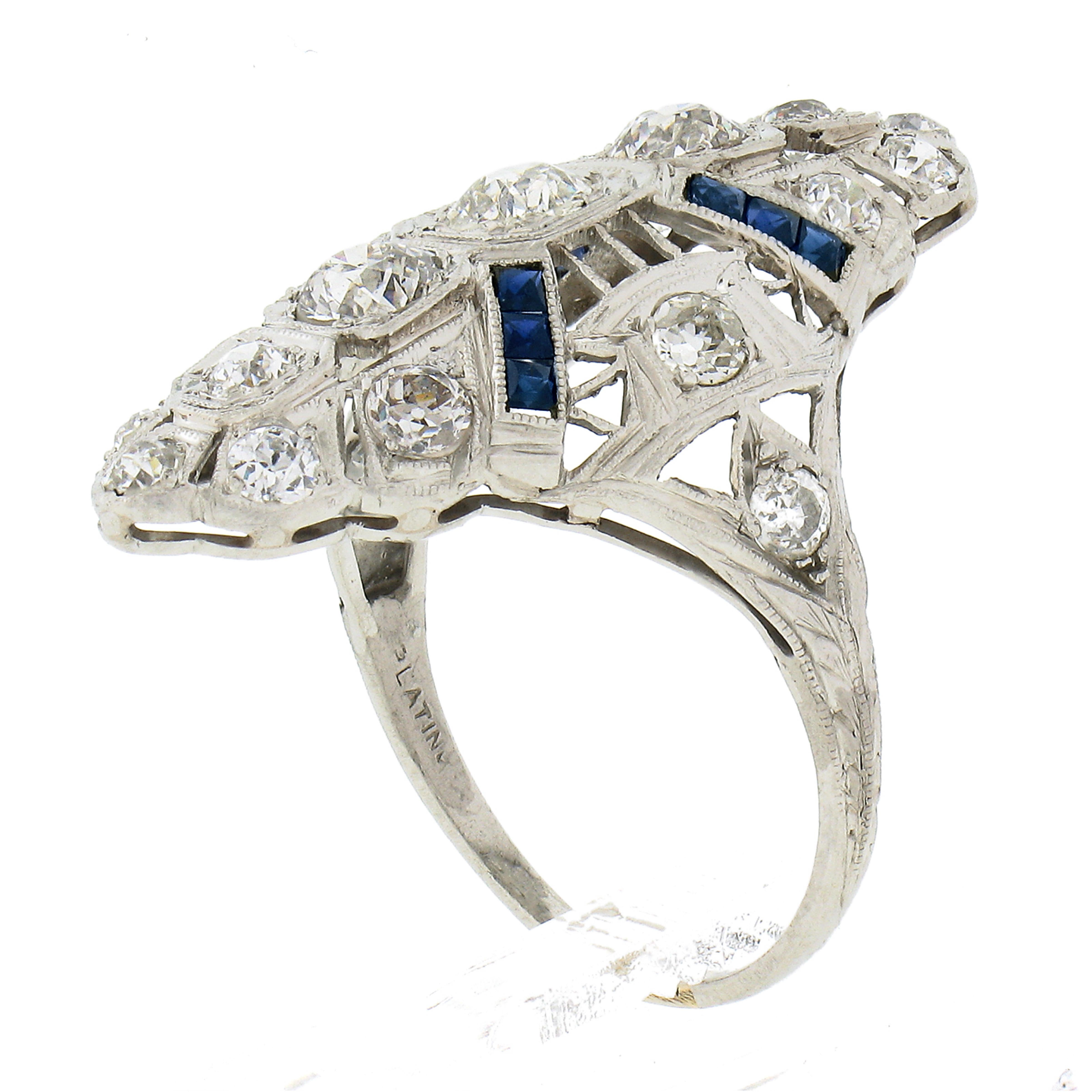 Antique Art Deco Platinum 2.50ctw Diamond & Sapphire Filigree Long Dinner Ring 1