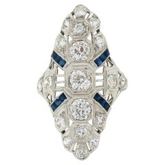 Antique Art Deco Platinum 2.50ctw Diamond & Sapphire Filigree Long Dinner Ring