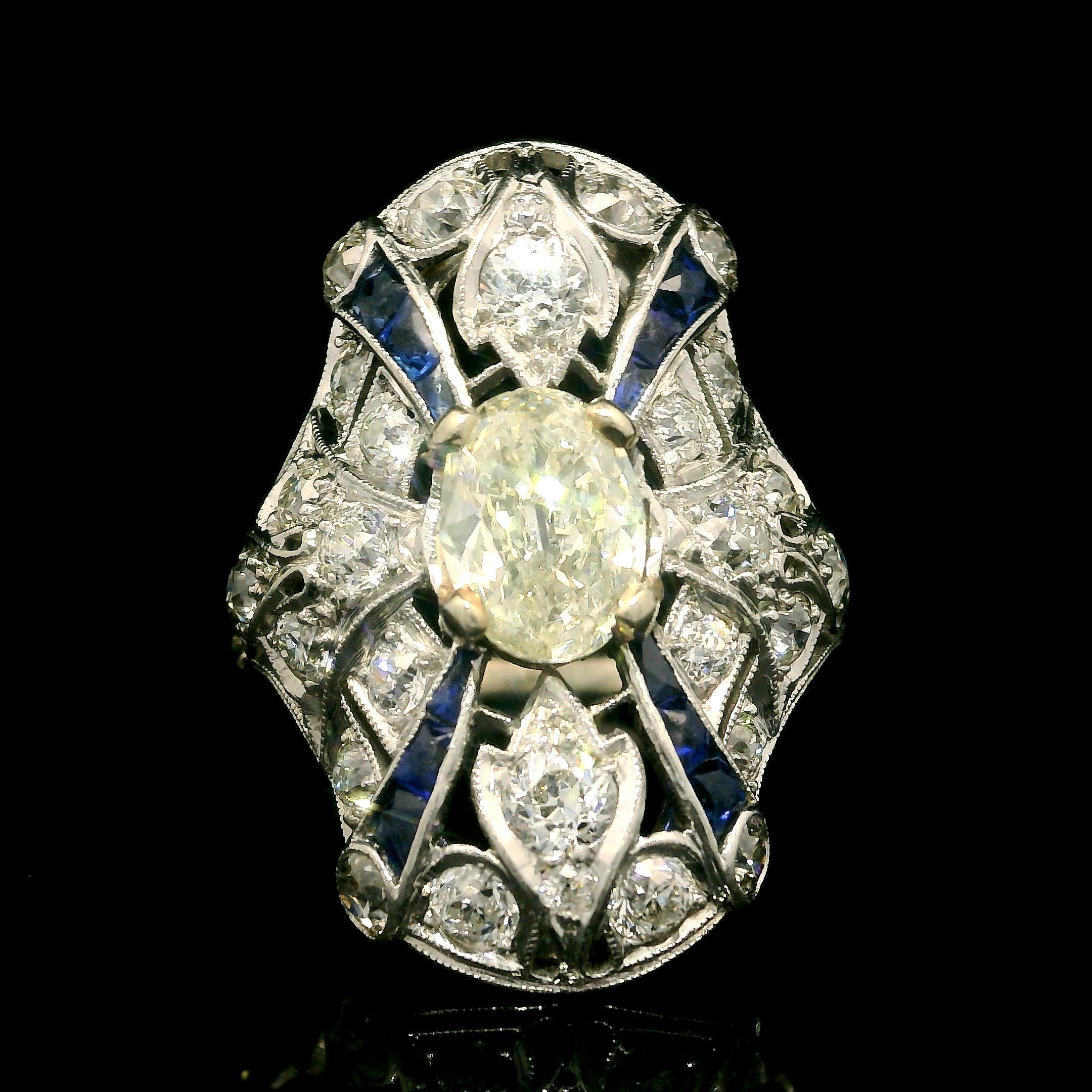 Antique Art Deco Platinum 2.51ctw Sapphire & Diamond Cocktail Dinner Ring For Sale 6