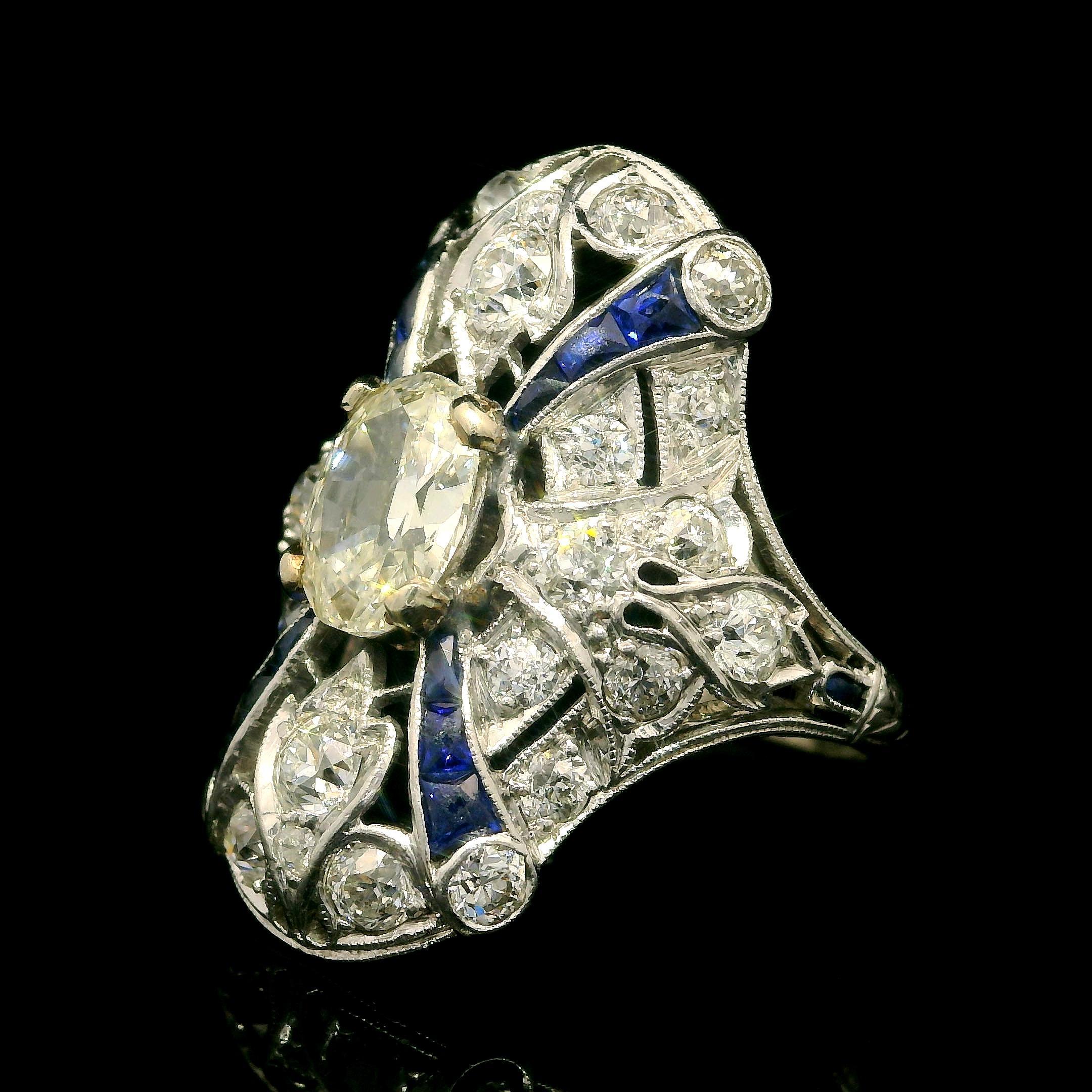 Oval Cut Antique Art Deco Platinum 2.51ctw Sapphire & Diamond Cocktail Dinner Ring For Sale