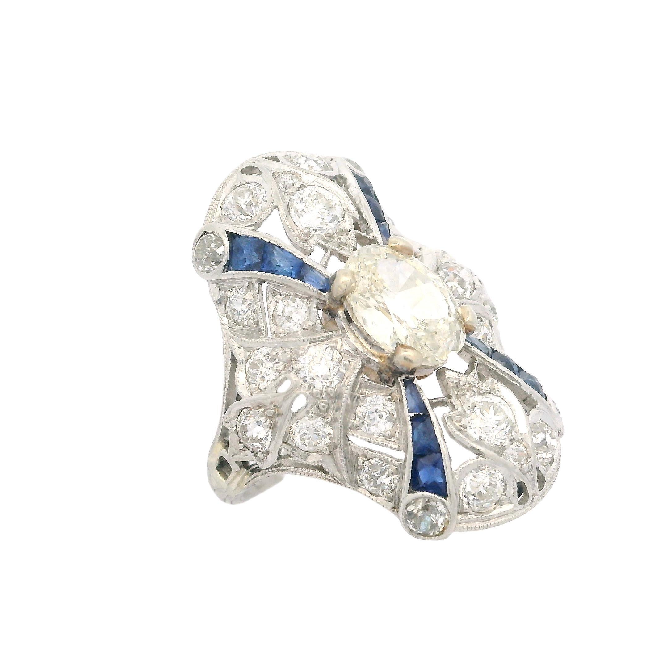 Women's Antique Art Deco Platinum 2.51ctw Sapphire & Diamond Cocktail Dinner Ring For Sale
