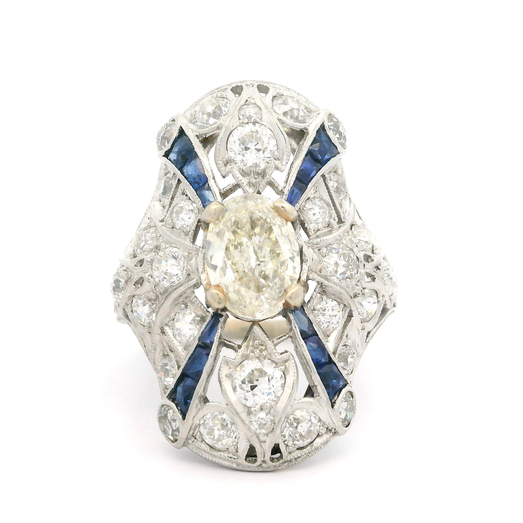 Antique Art Deco Platinum 2.51ctw Sapphire & Diamond Cocktail Dinner Ring For Sale 2