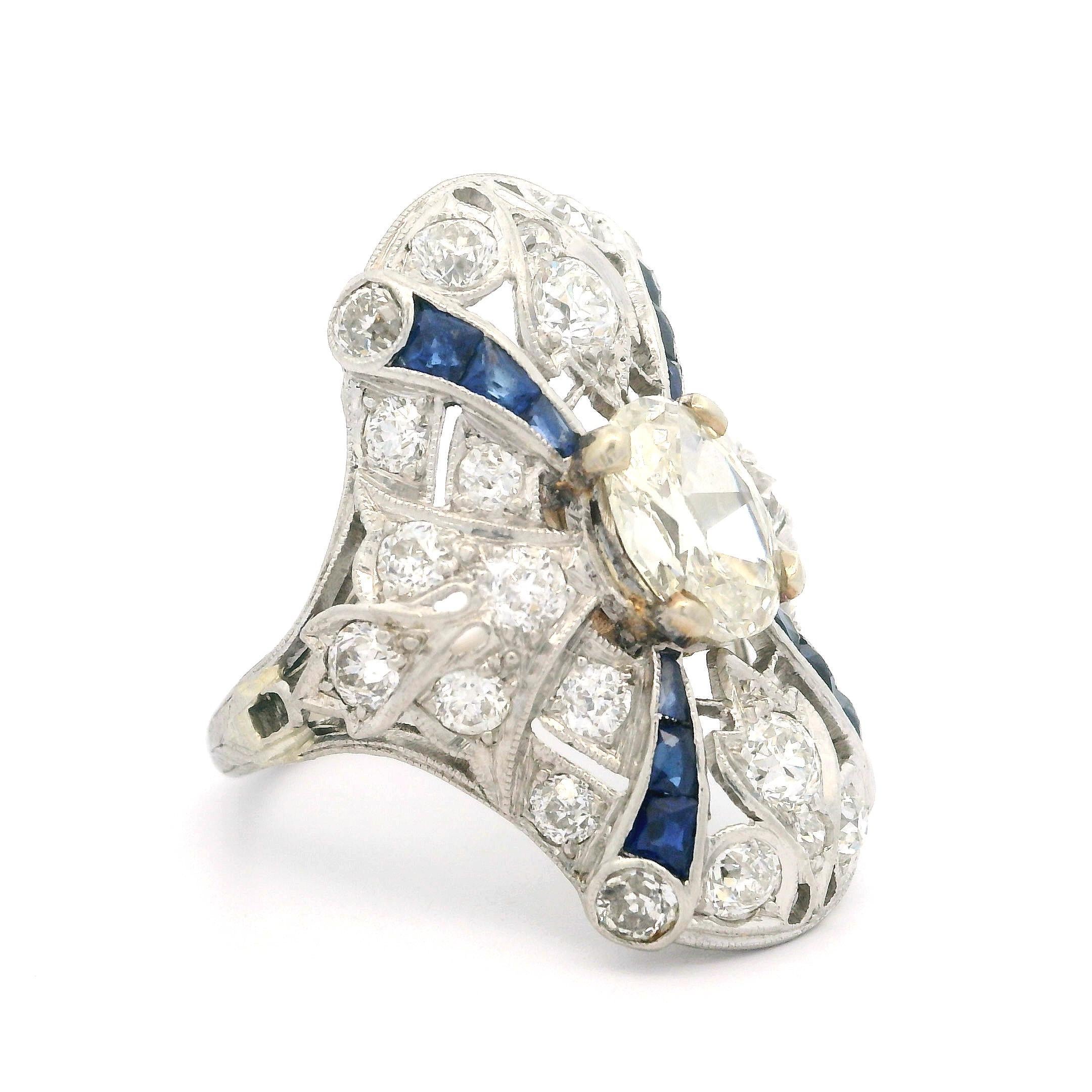 Antique Art Deco Platinum 2.51ctw Sapphire & Diamond Cocktail Dinner Ring For Sale 3