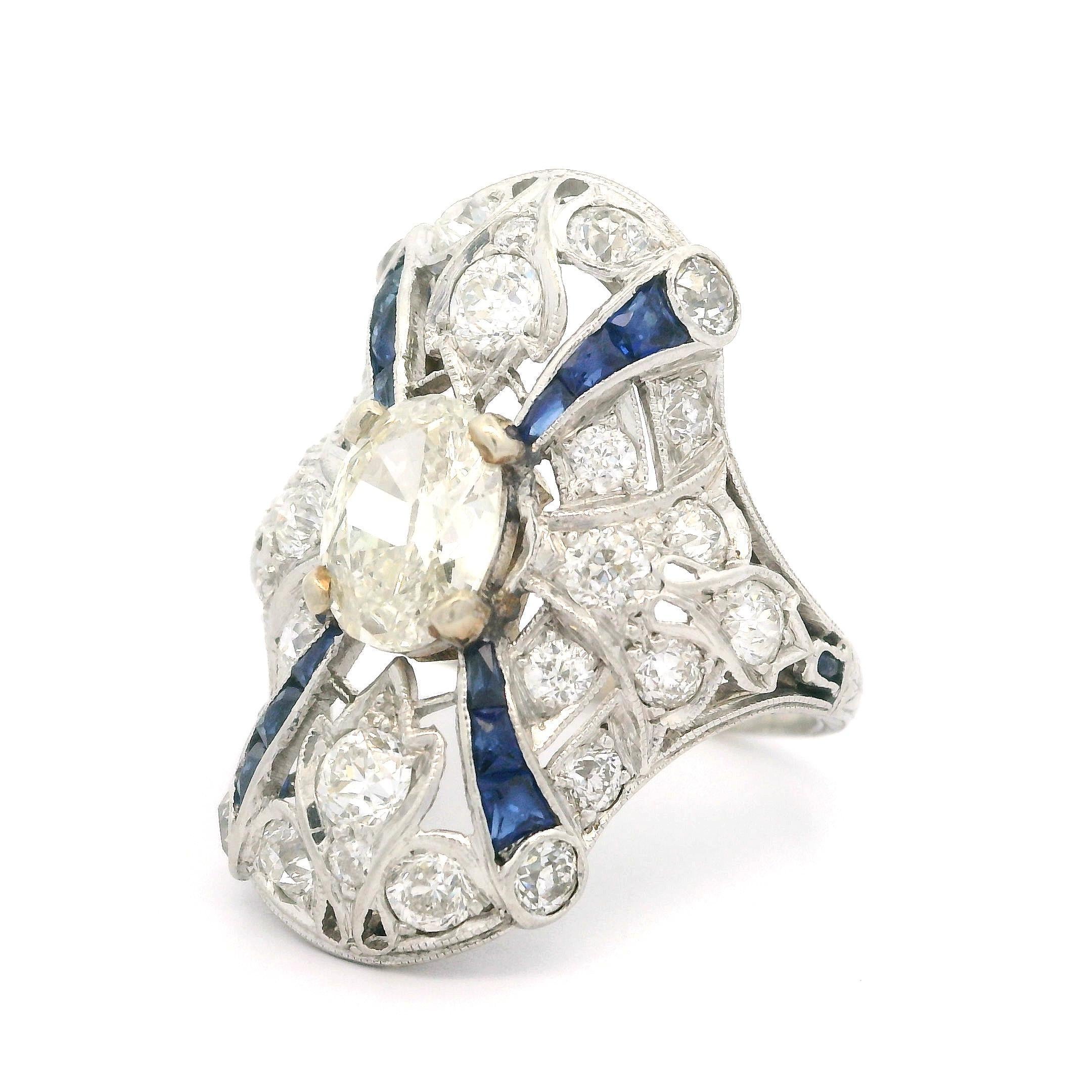 Antique Art Deco Platinum 2.51ctw Sapphire & Diamond Cocktail Dinner Ring For Sale 4