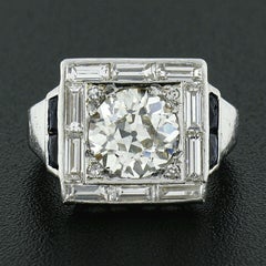 Antique Art Deco Platinum 2.89ct European Diamond & Sapphire Square Platter Ring