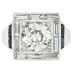 Antique Art Deco Platinum 2.89ct European Diamond & Sapphire Square Platter Ring
