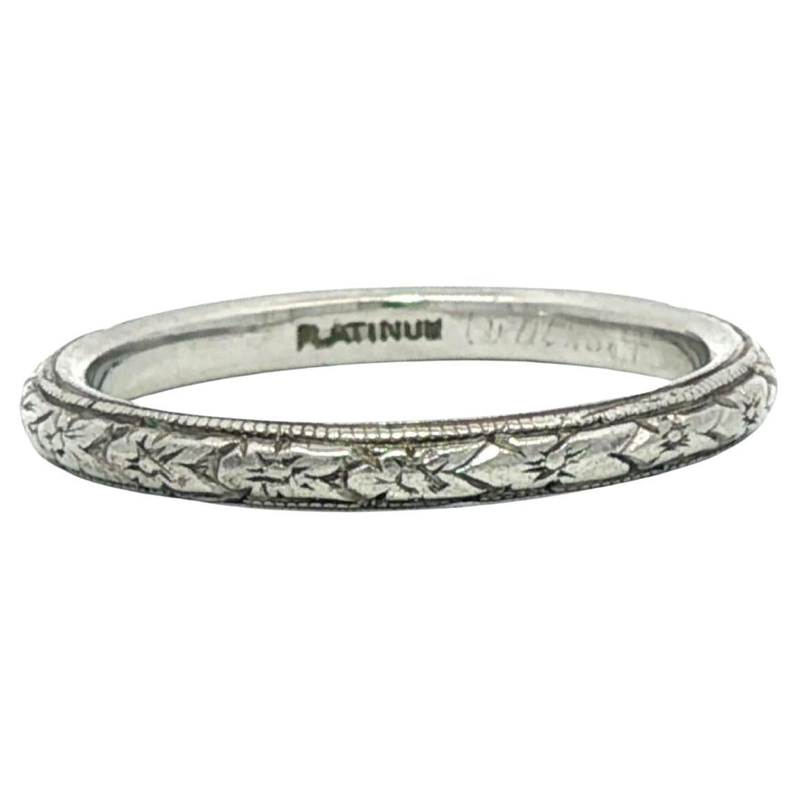 Antike Art Deco Platin 2mm Blumenmuster Eternity Band Ring Größe 4,5