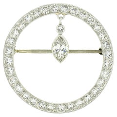 Antique Art Deco Platinum 3.09ct Pave Diamond w/ Dangle Circle Wreath Pin Brooch