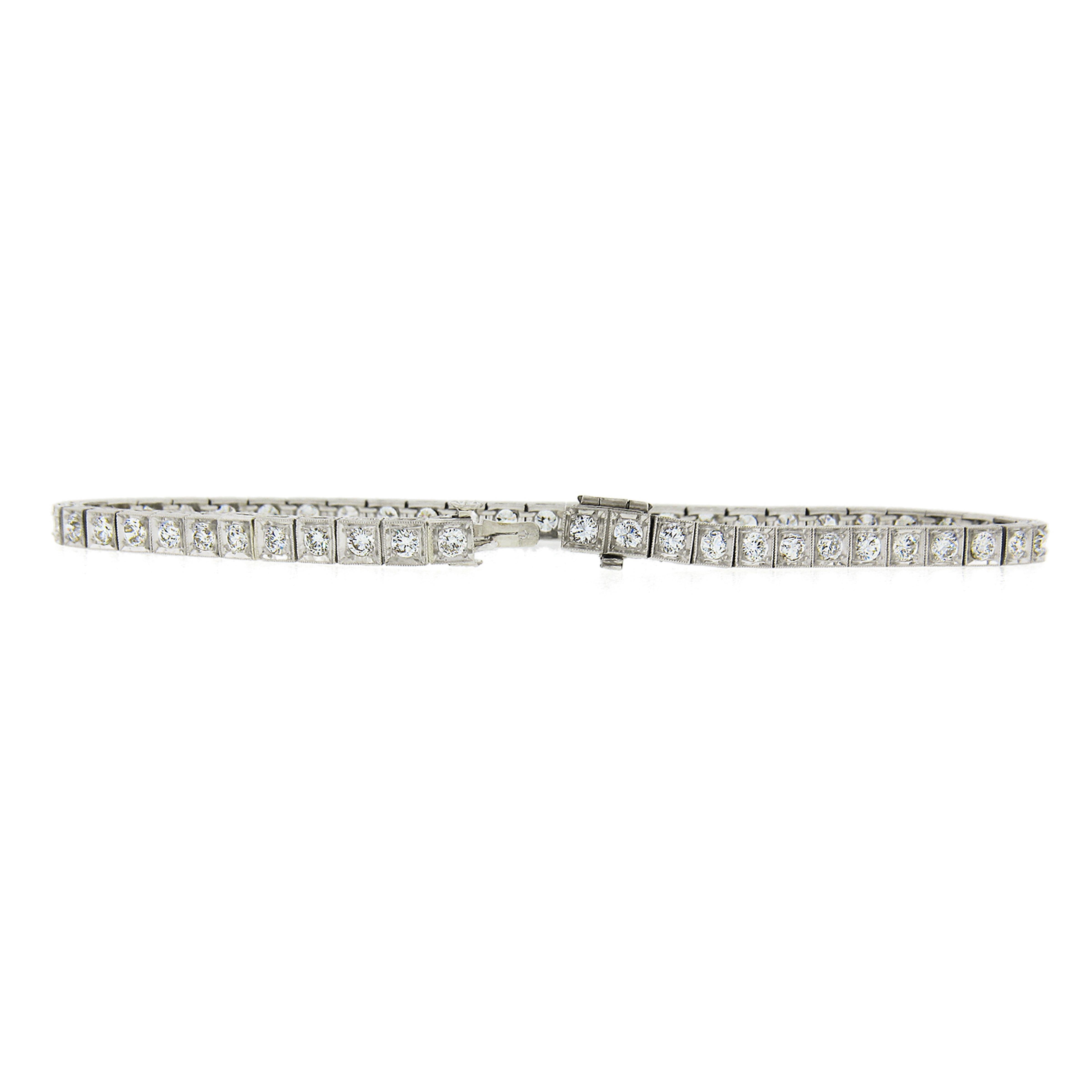Women's or Men's Antique Art Deco Platinum 3.12ctw European Diamond Milgrain Line Tennis Bracelet