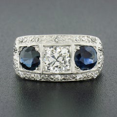 Antique Art Deco Platinum 3.21ctw GIA Sapphire & Diamond 3 Stone Engagement Ring