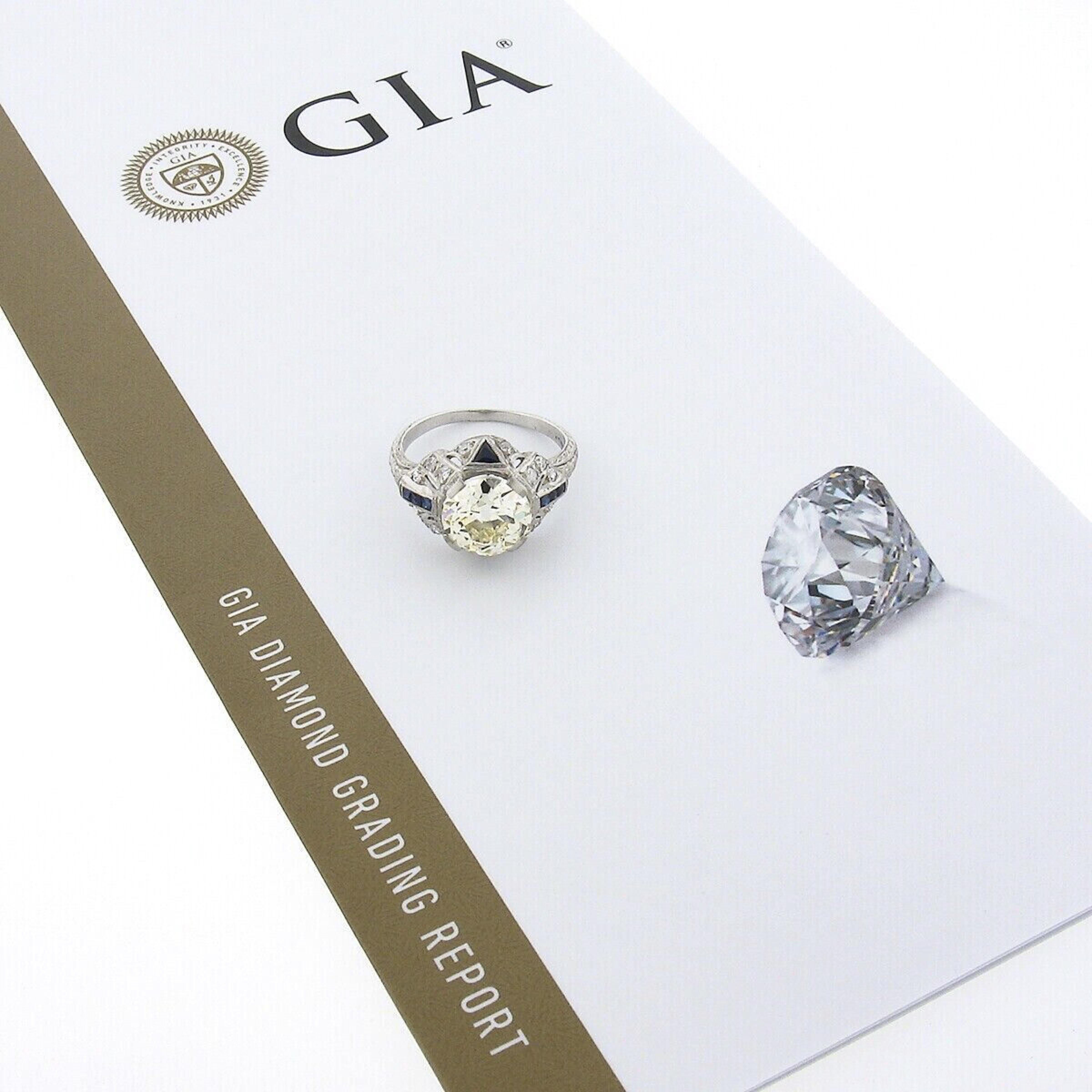 Antique Art Deco Platinum 3.29ct GIA European Diamond & Sapphire Engagement Ring 5