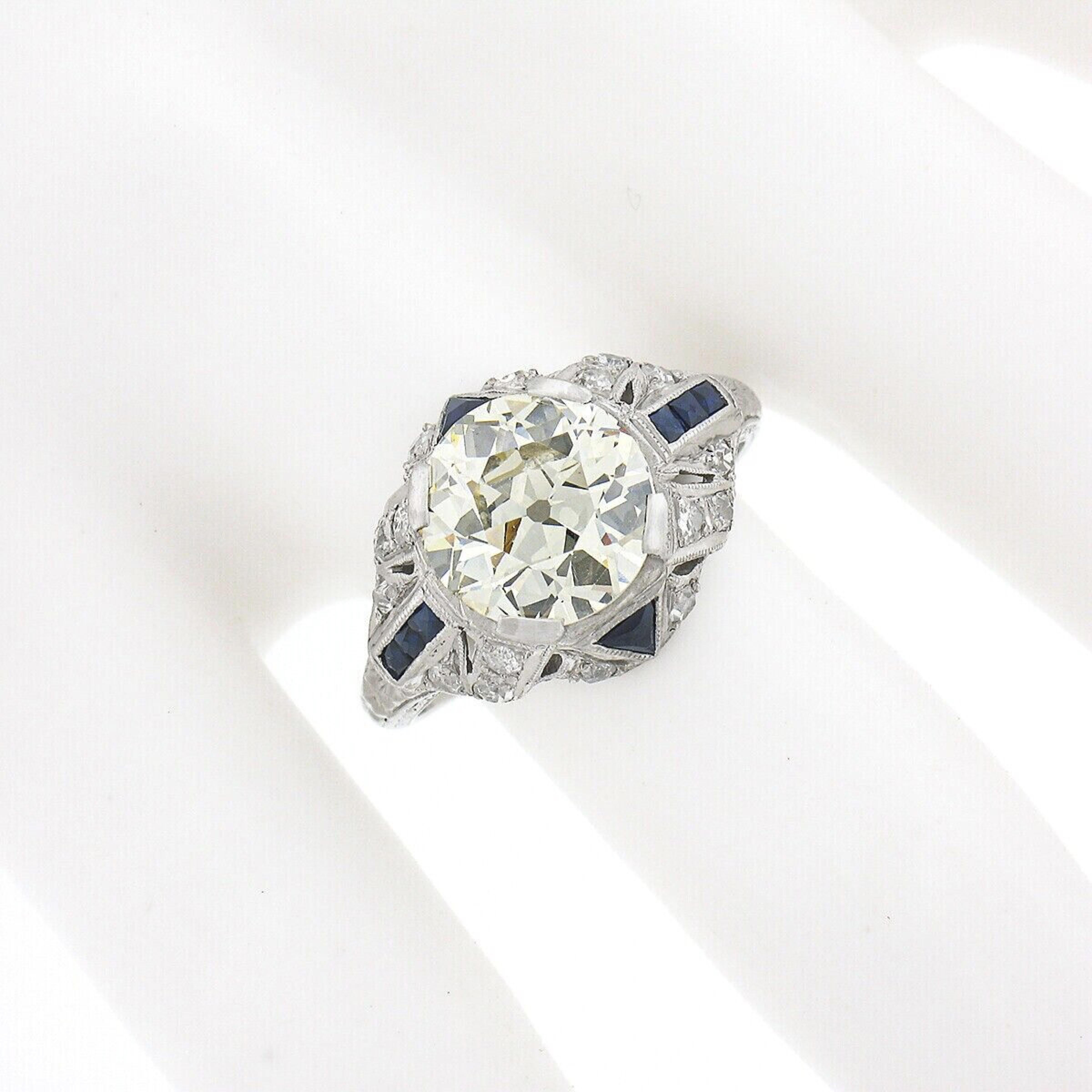 Old European Cut Antique Art Deco Platinum 3.29ct GIA European Diamond & Sapphire Engagement Ring