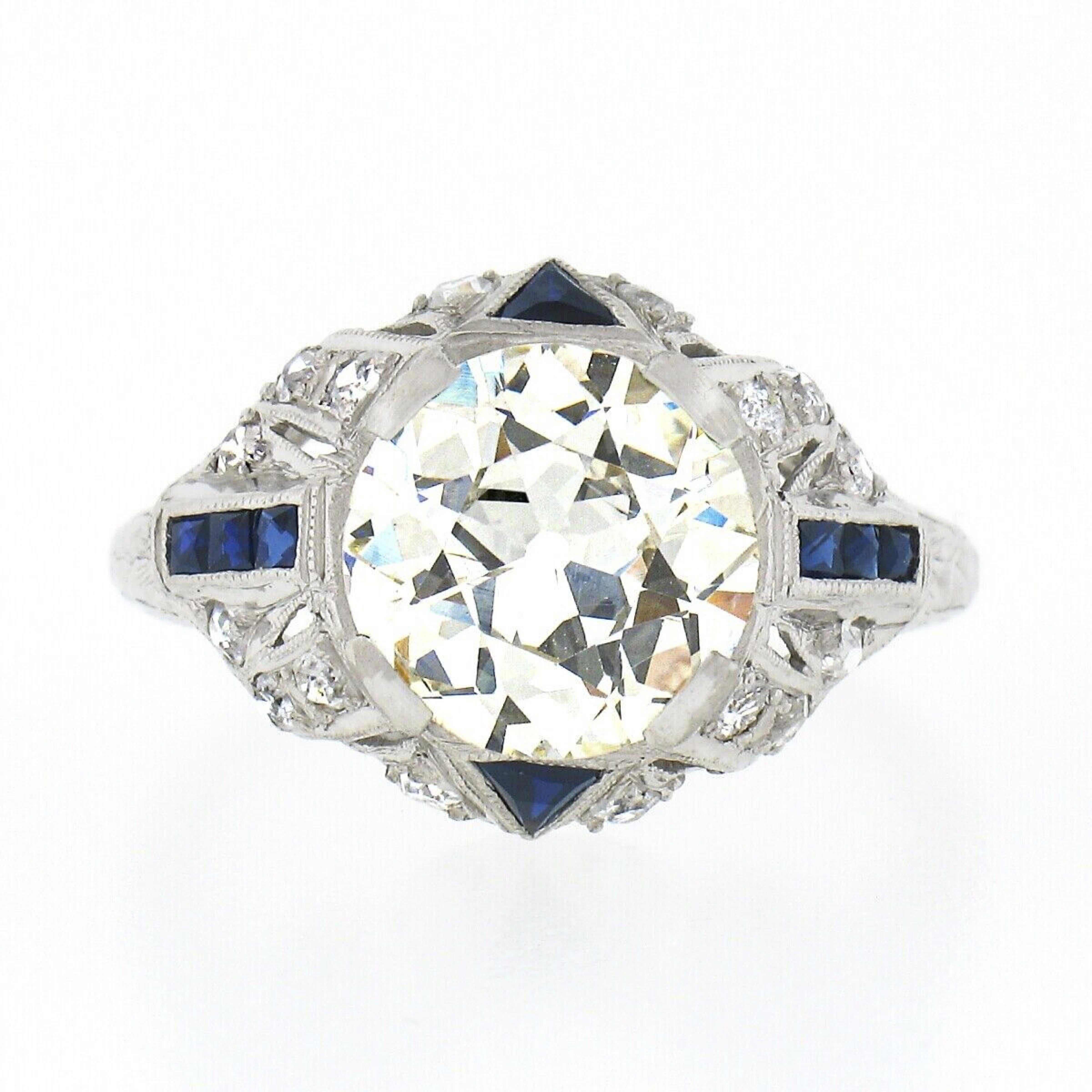 Antique Art Deco Platinum 3.29ct GIA European Diamond & Sapphire Engagement Ring In Good Condition In Montclair, NJ