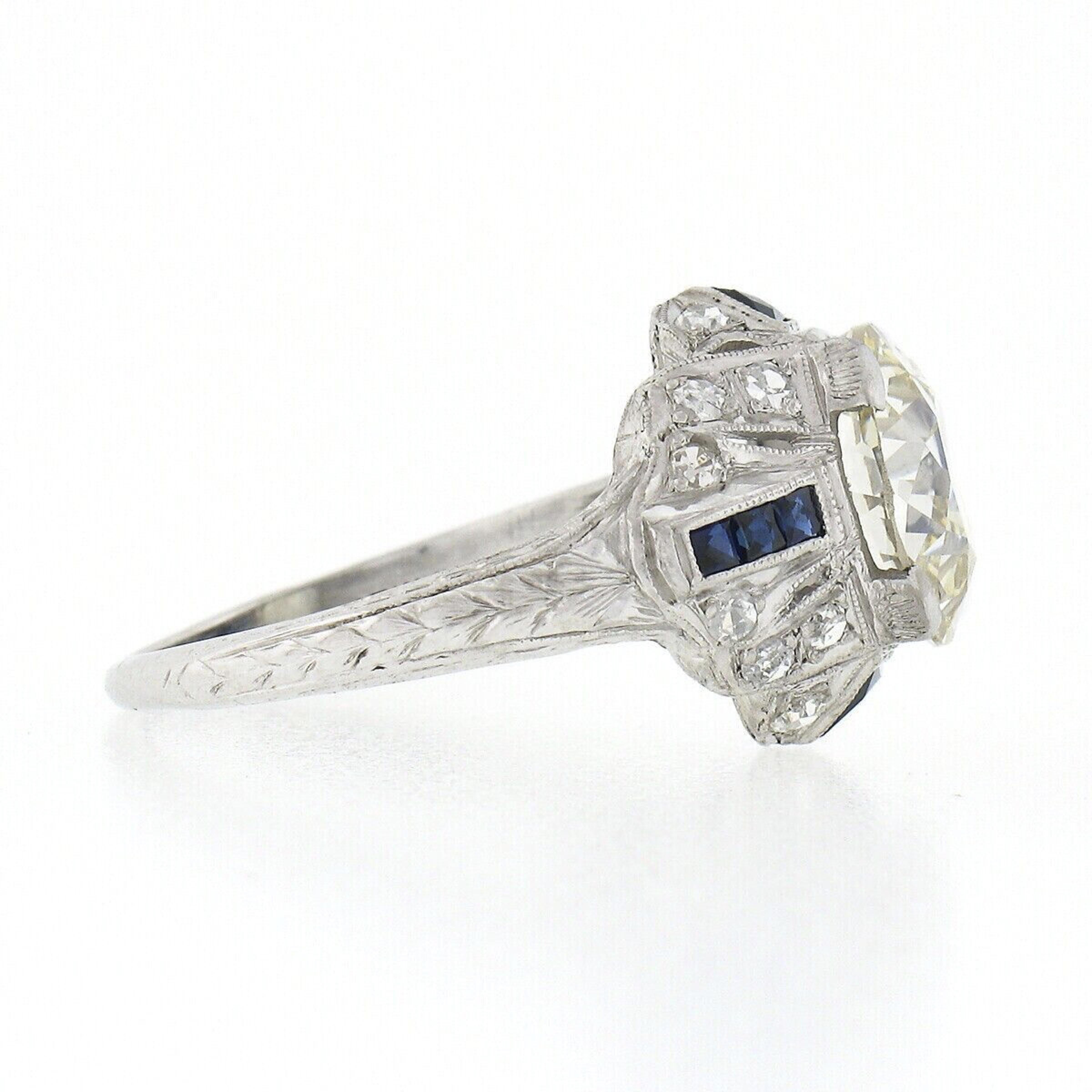 Women's Antique Art Deco Platinum 3.29ct GIA European Diamond & Sapphire Engagement Ring