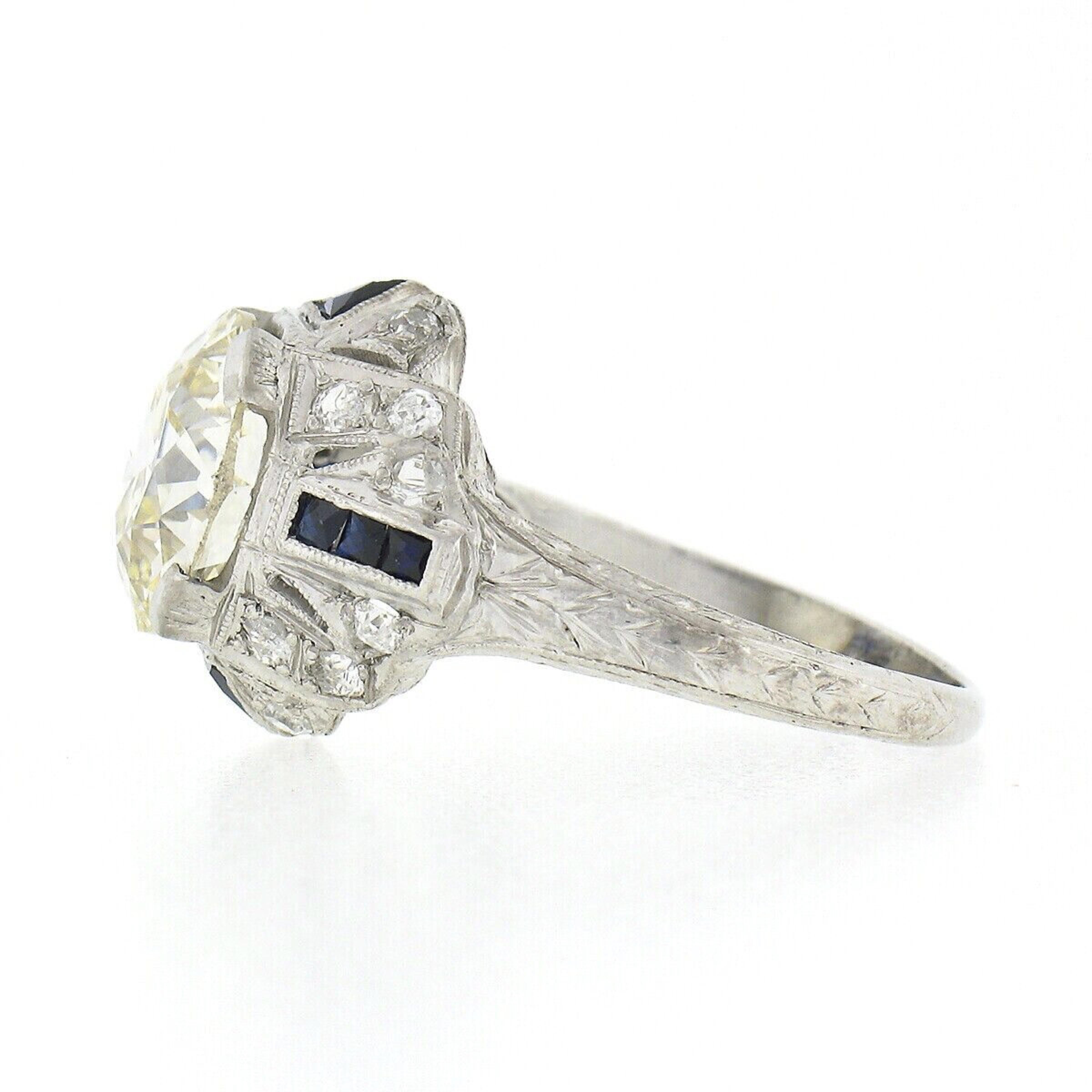 Antique Art Deco Platinum 3.29ct GIA European Diamond & Sapphire Engagement Ring 1