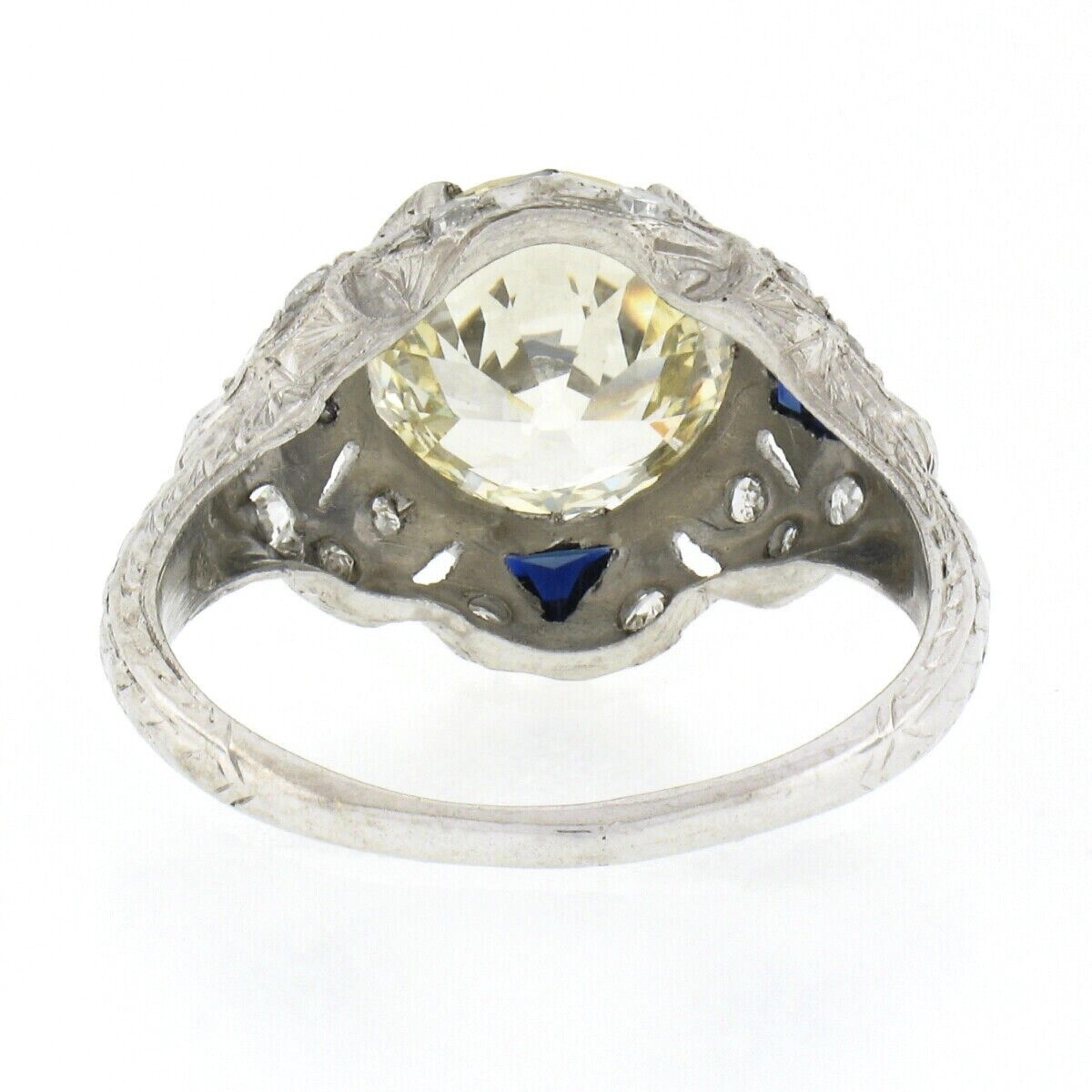 Antique Art Deco Platinum 3.29ct GIA European Diamond & Sapphire Engagement Ring 2