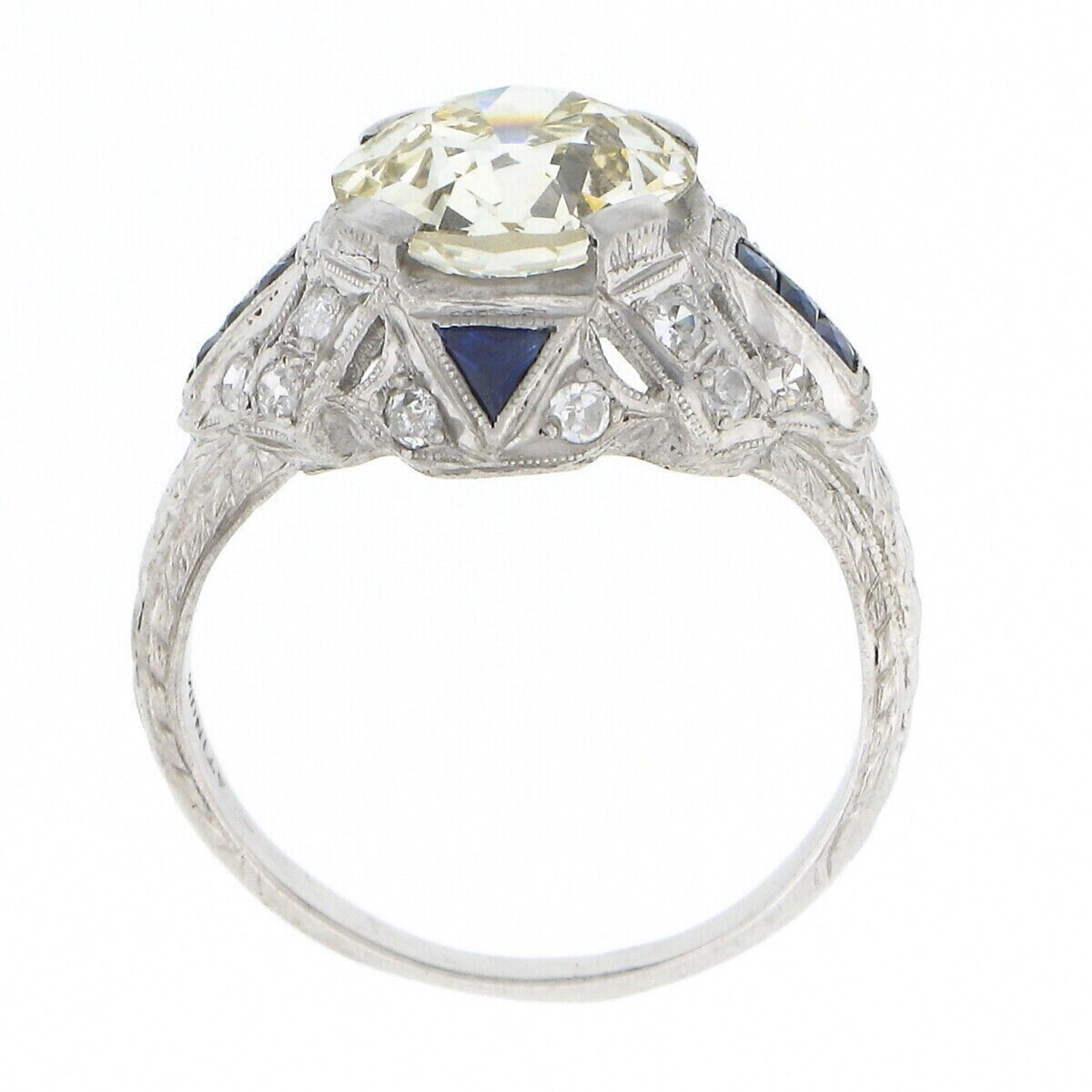 Antique Art Deco Platinum 3.29ct GIA European Diamond & Sapphire Engagement Ring 3