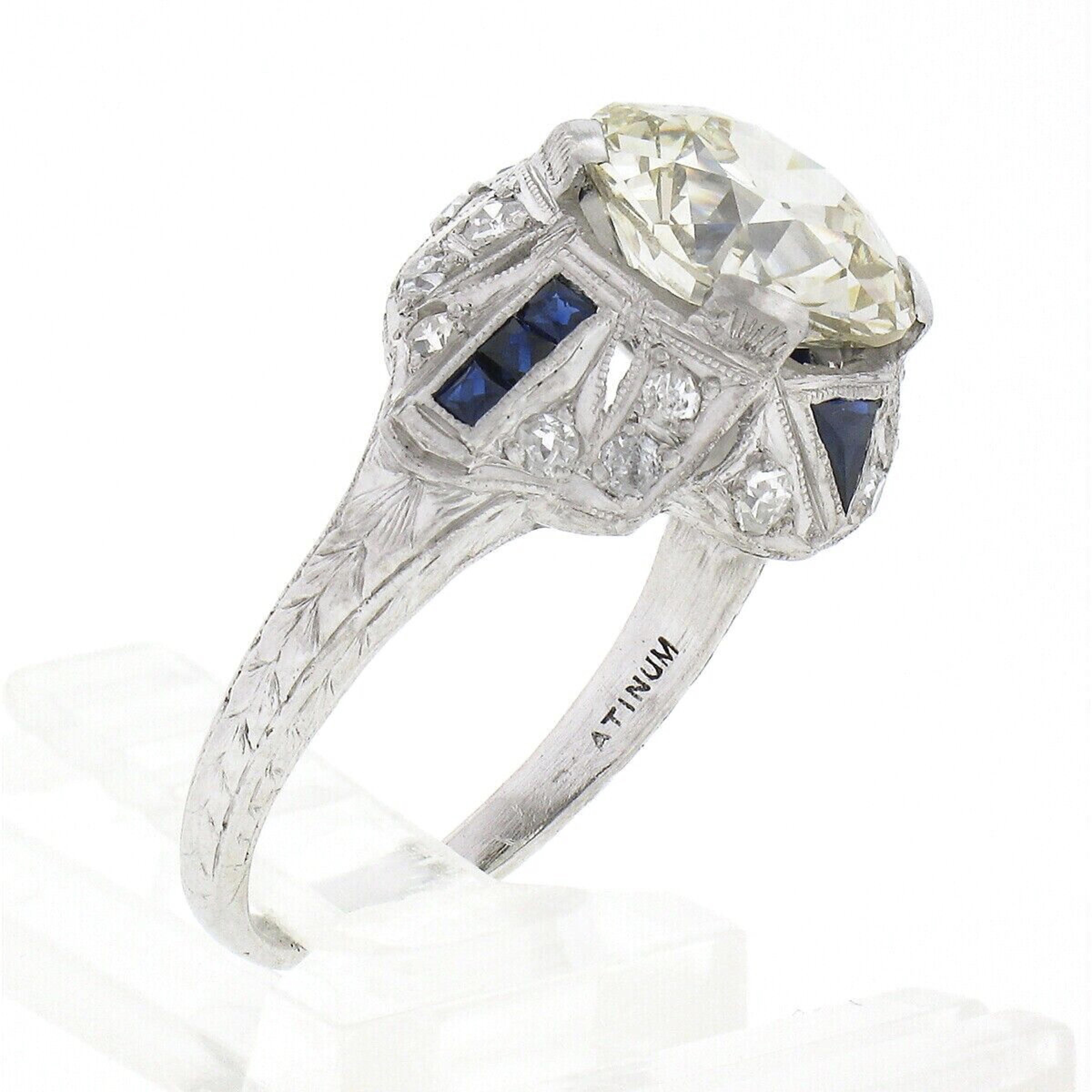 Antique Art Deco Platinum 3.29ct GIA European Diamond & Sapphire Engagement Ring 4