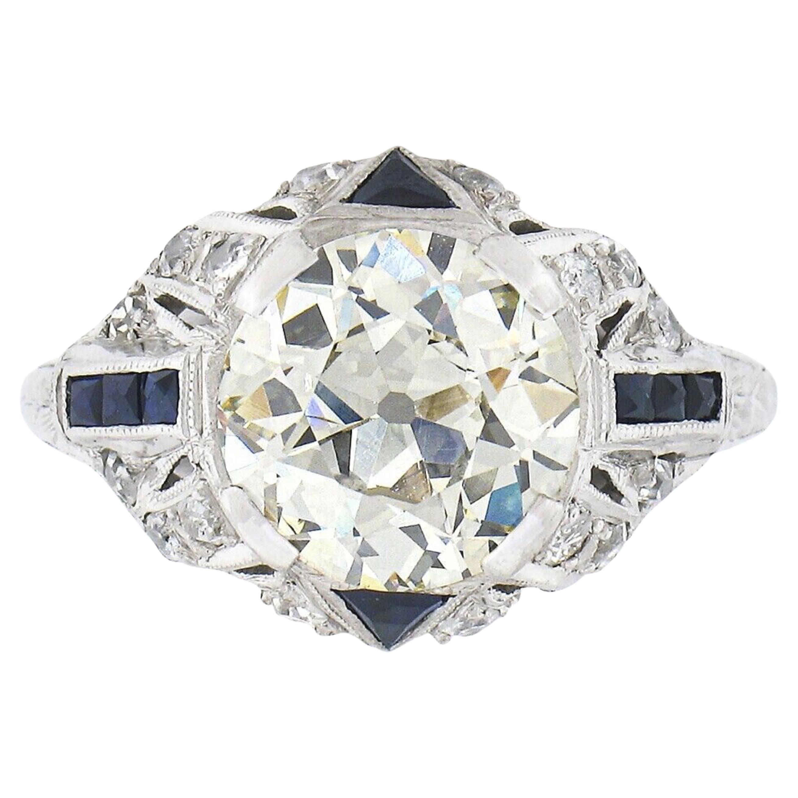 Antique Art Deco Platinum 3.29ct GIA European Diamond & Sapphire Engagement Ring