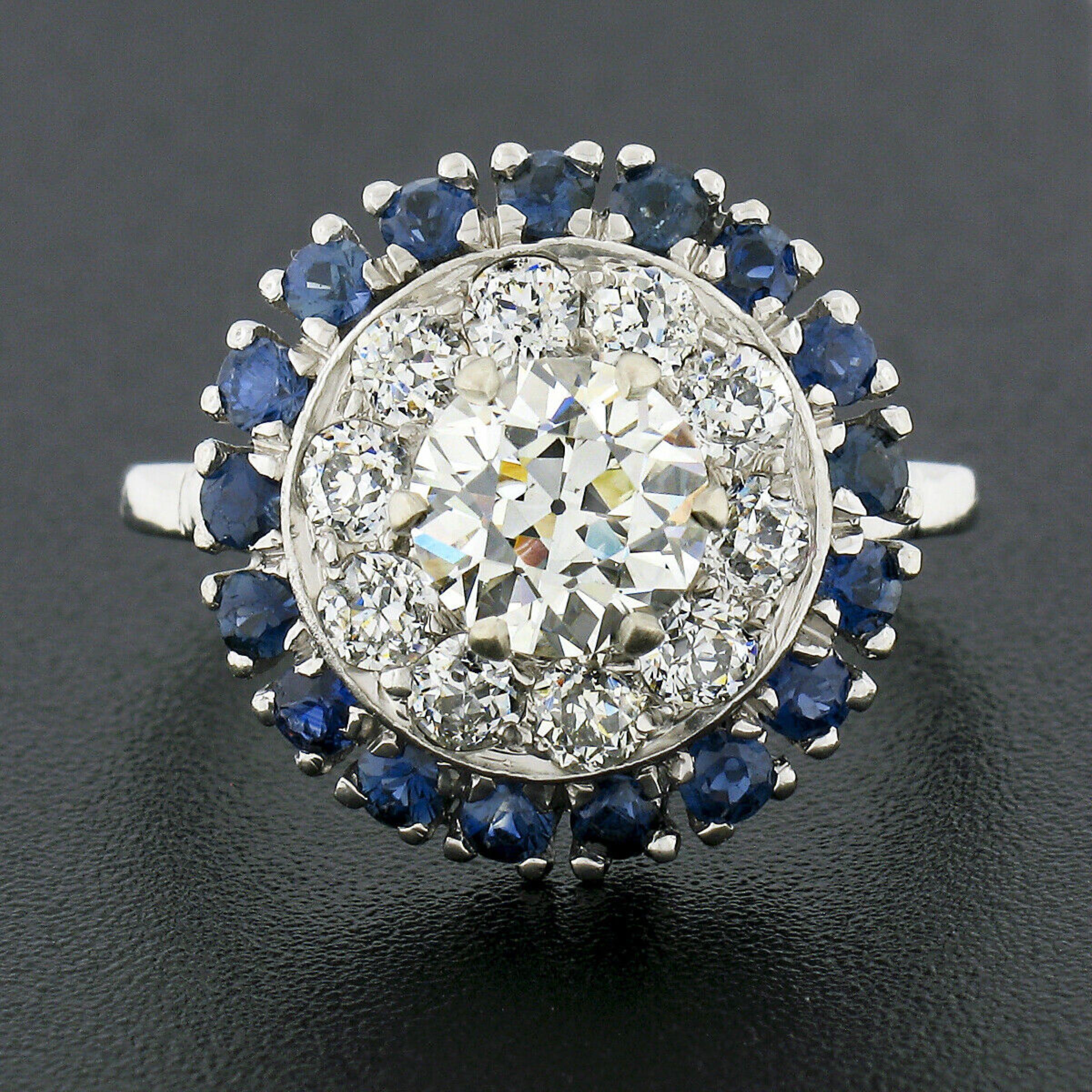 Old European Cut Antique Art Deco Platinum 3.34ctw GIA European Diamond Sapphire Engagement Ring For Sale