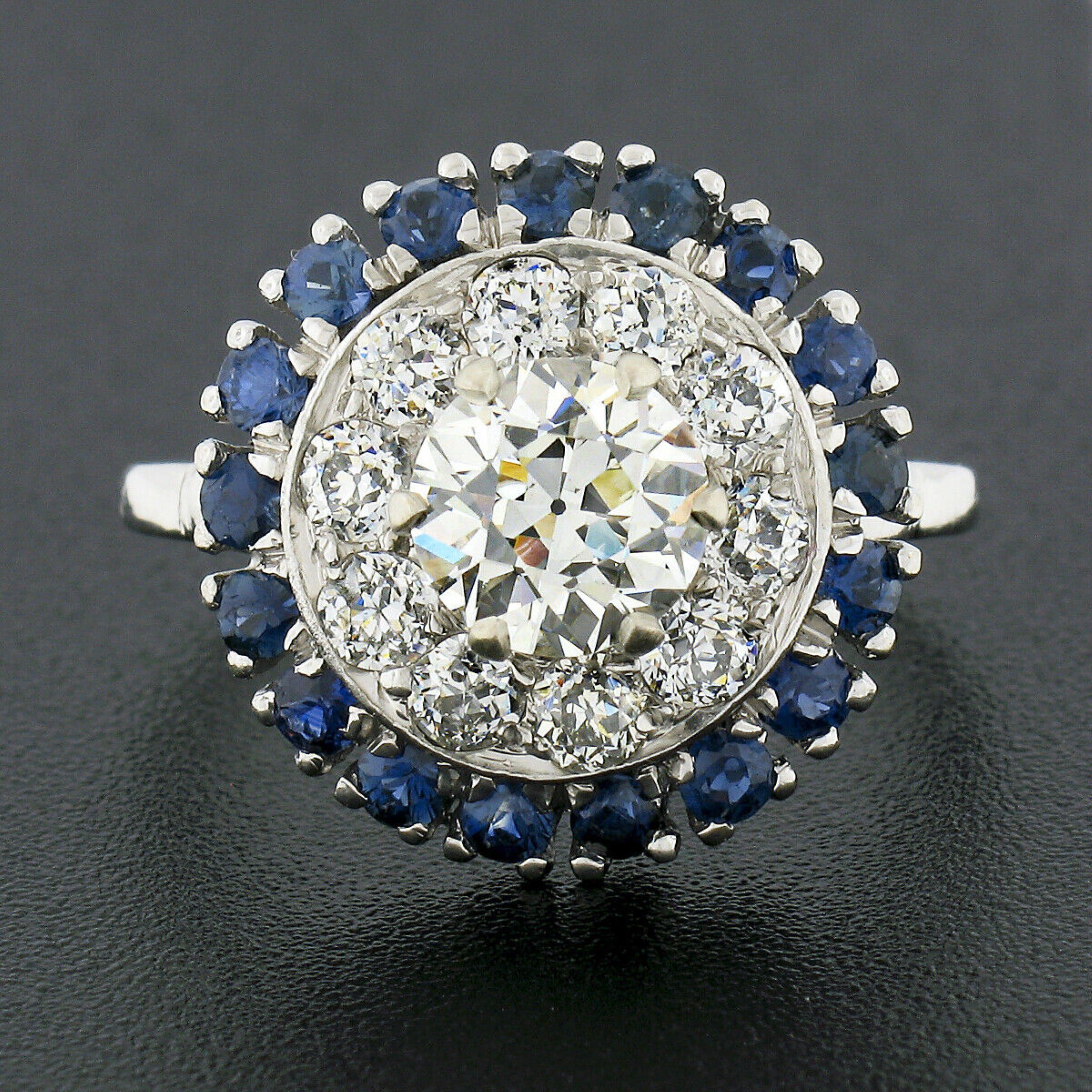 Taille vieille Europe Bague de fiançailles Art déco ancienne en platine avec diamants européens de 3,34 carats certifiés GIA et saphir en vente