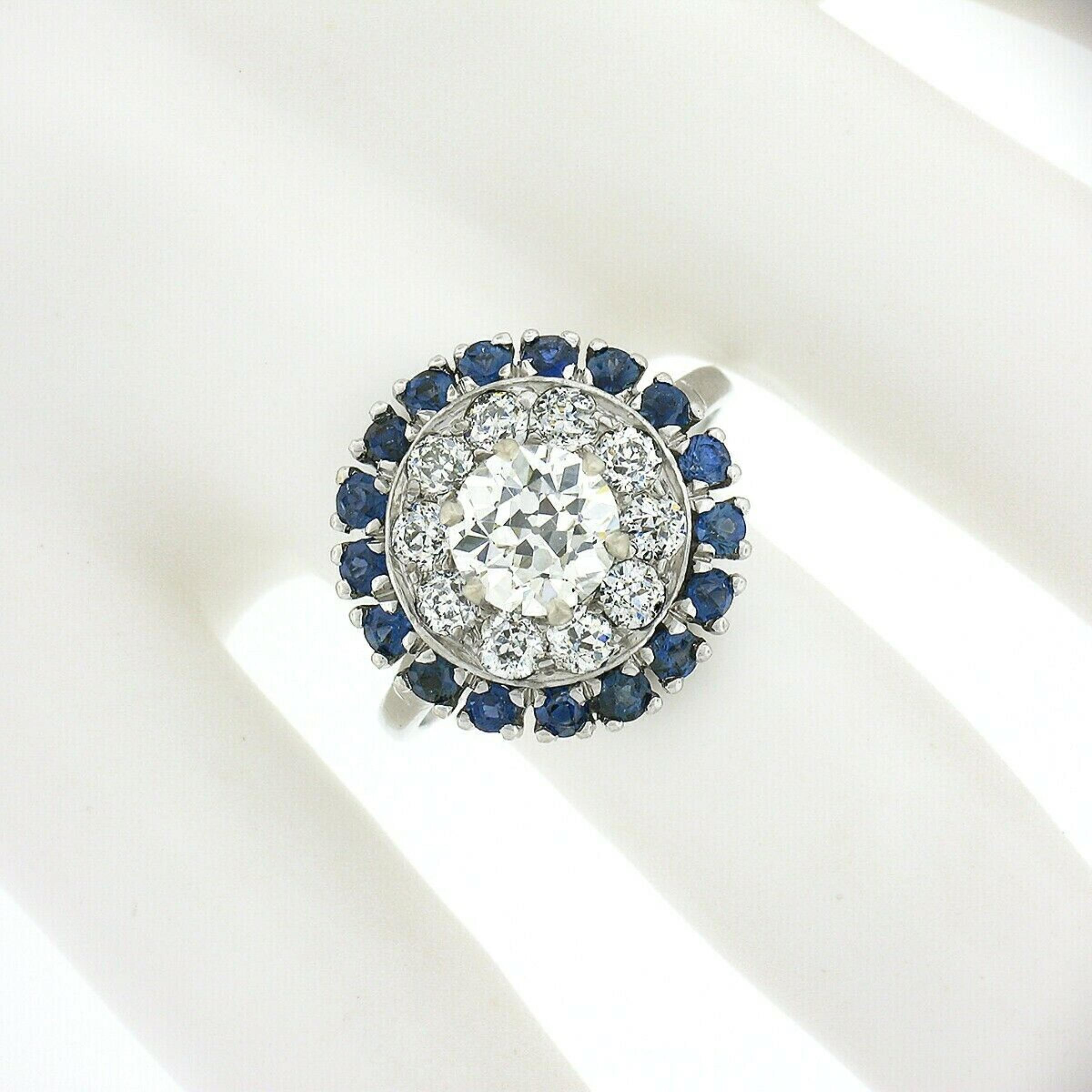 Antique Art Deco Platinum 3.34ctw GIA European Diamond Sapphire Engagement Ring In Good Condition For Sale In Montclair, NJ