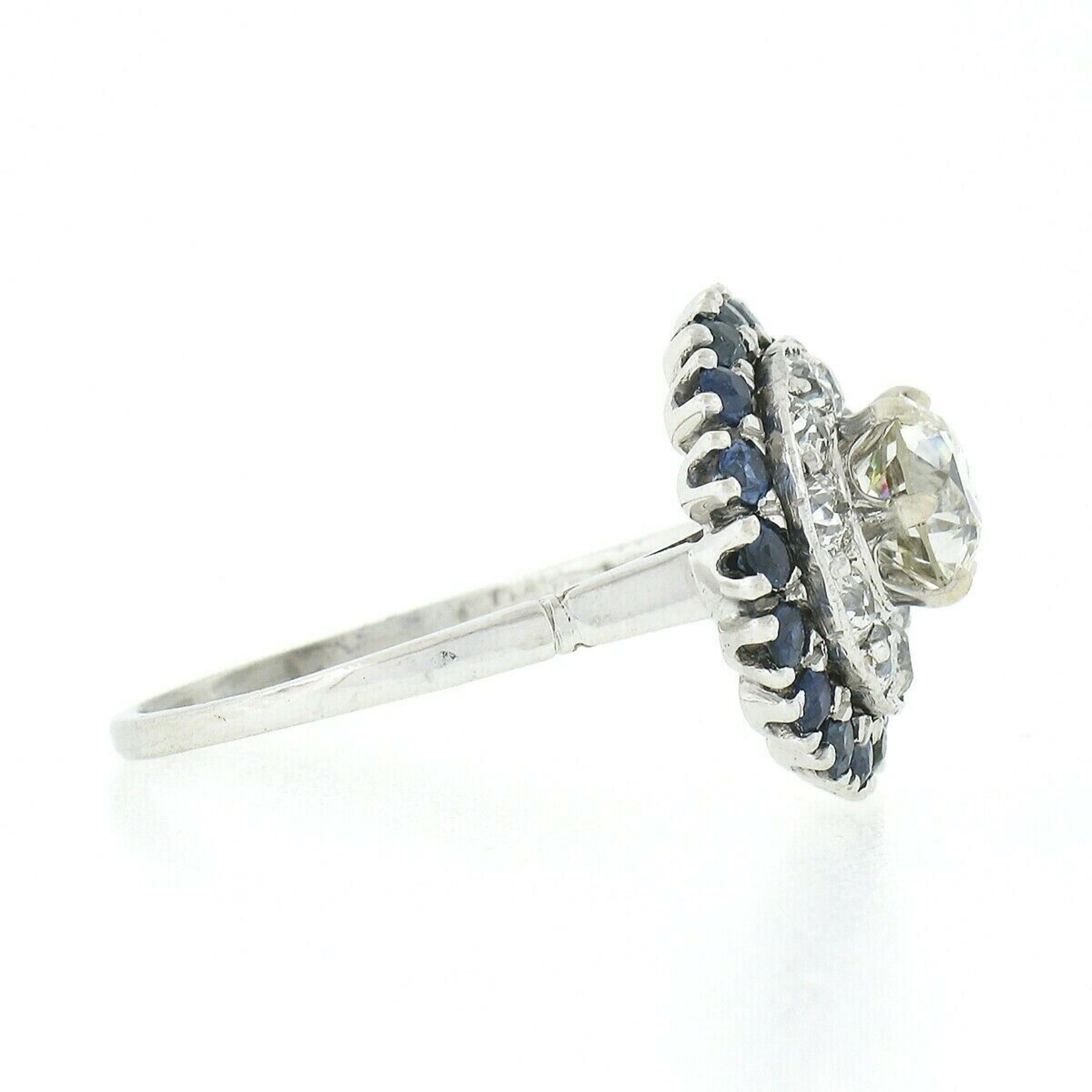 Women's Antique Art Deco Platinum 3.34ctw GIA European Diamond Sapphire Engagement Ring For Sale