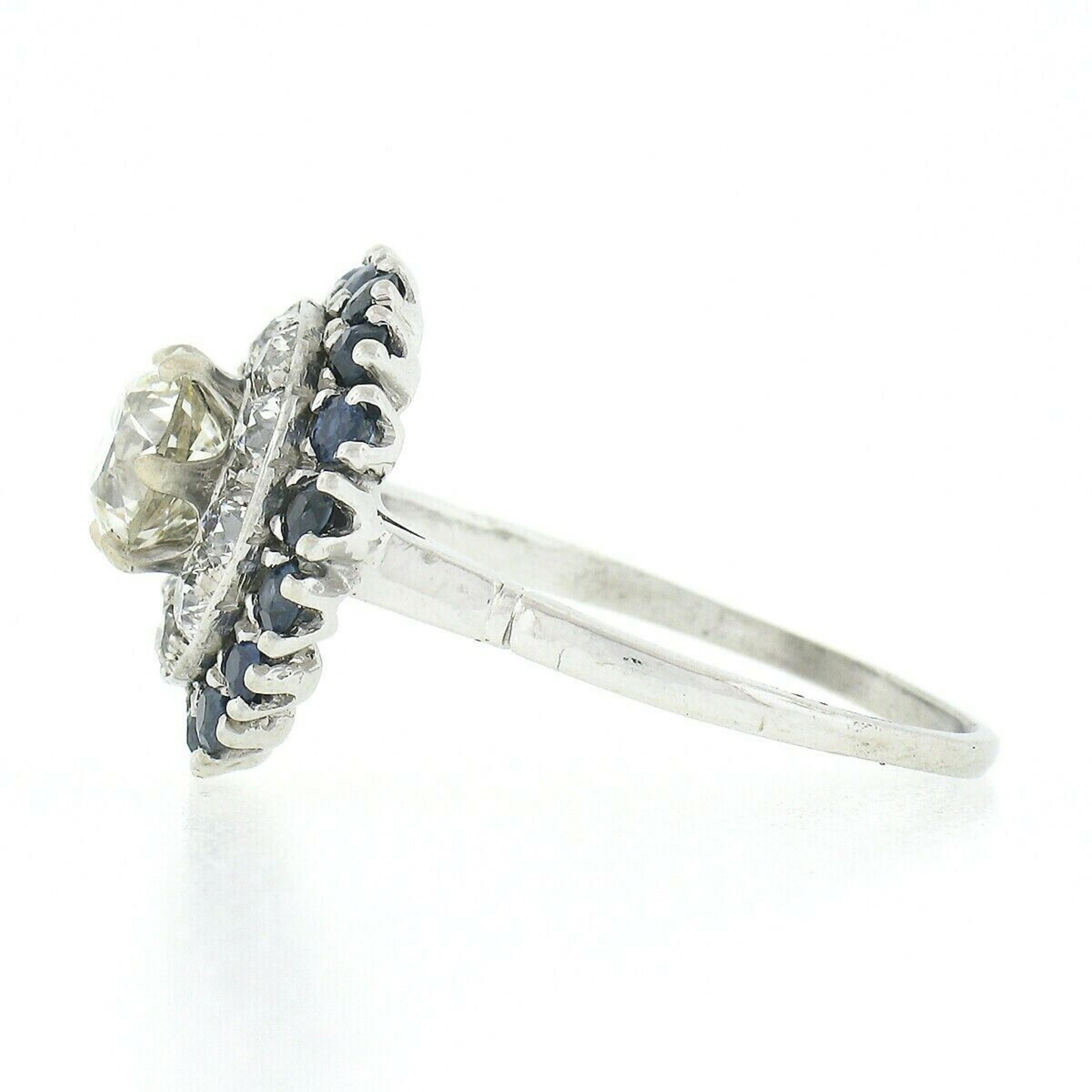 Antique Art Deco Platinum 3.34ctw GIA European Diamond Sapphire Engagement Ring For Sale 1
