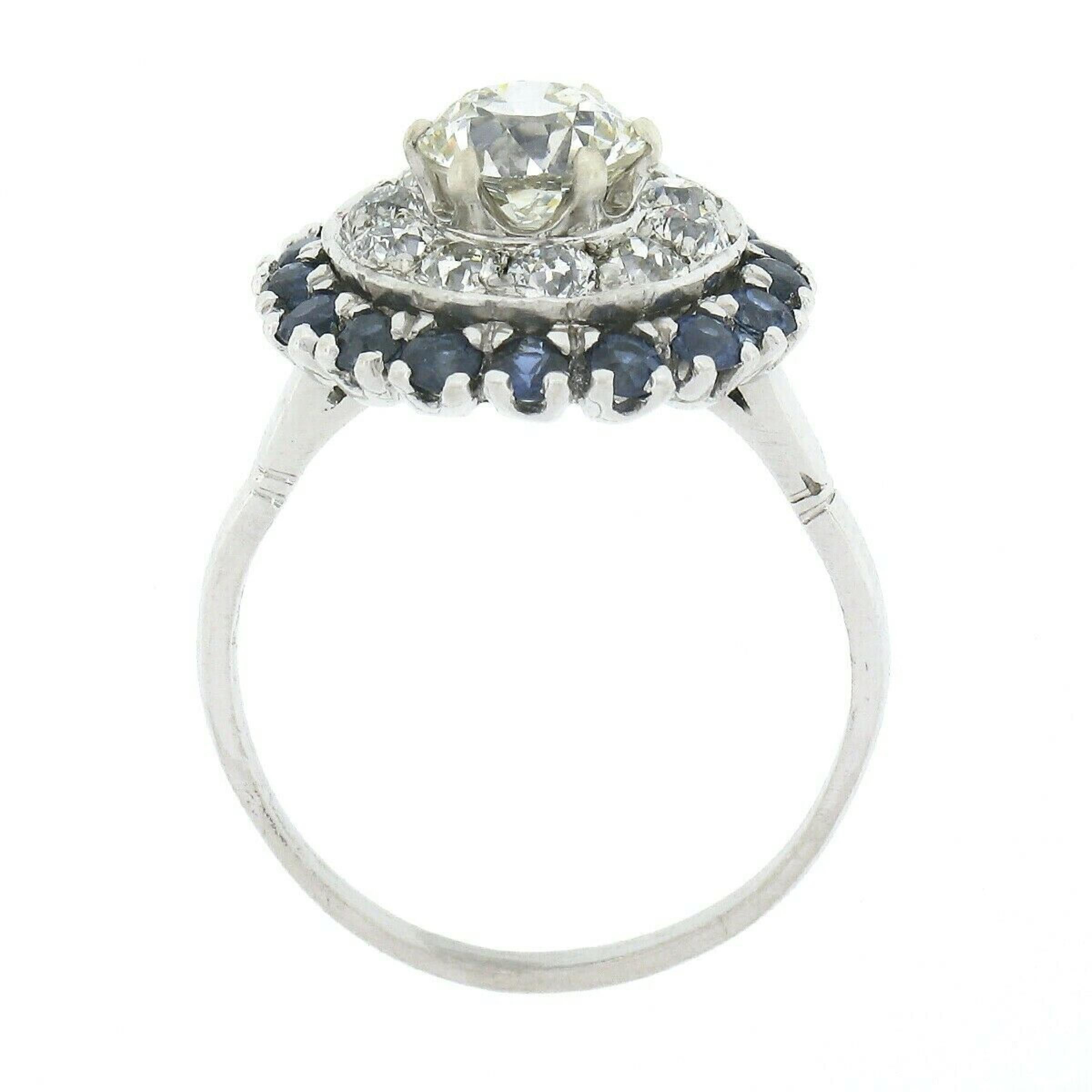 Antique Art Deco Platinum 3.34ctw GIA European Diamond Sapphire Engagement Ring For Sale 3