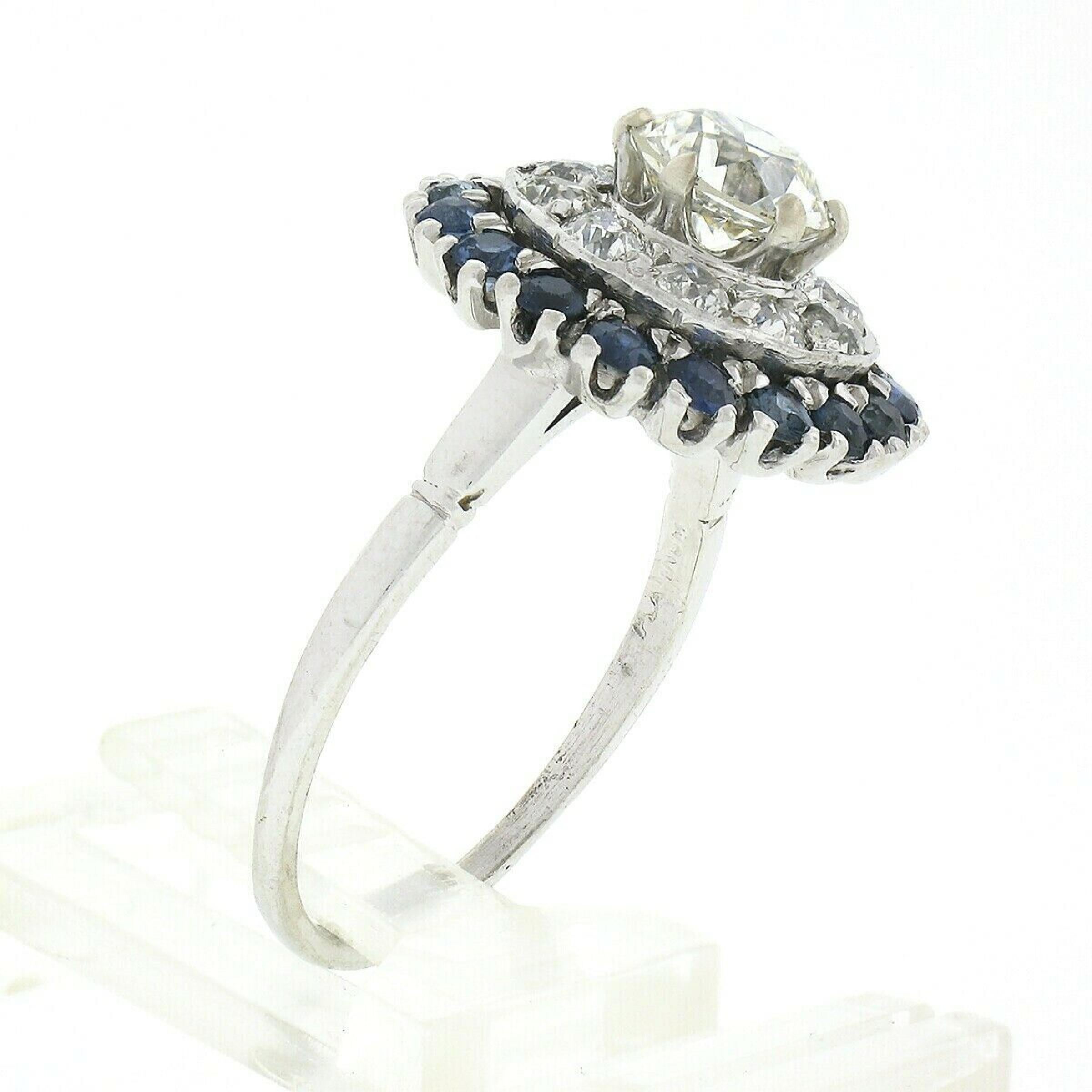 Antique Art Deco Platinum 3.34ctw GIA European Diamond Sapphire Engagement Ring For Sale 4