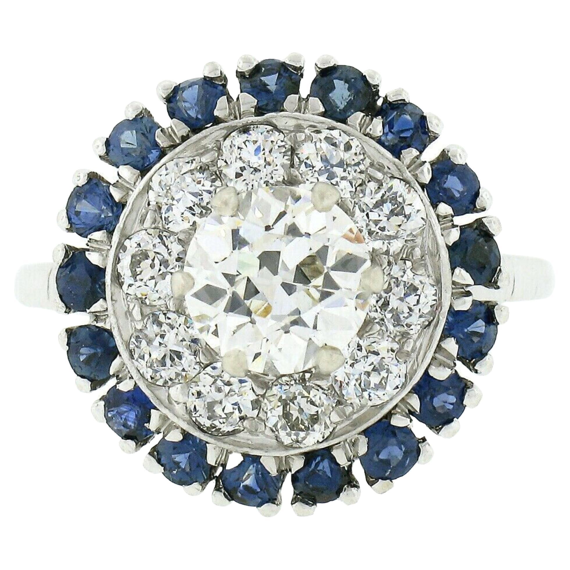 Antique Art Deco Platinum 3.34ctw GIA European Diamond Sapphire Engagement Ring For Sale